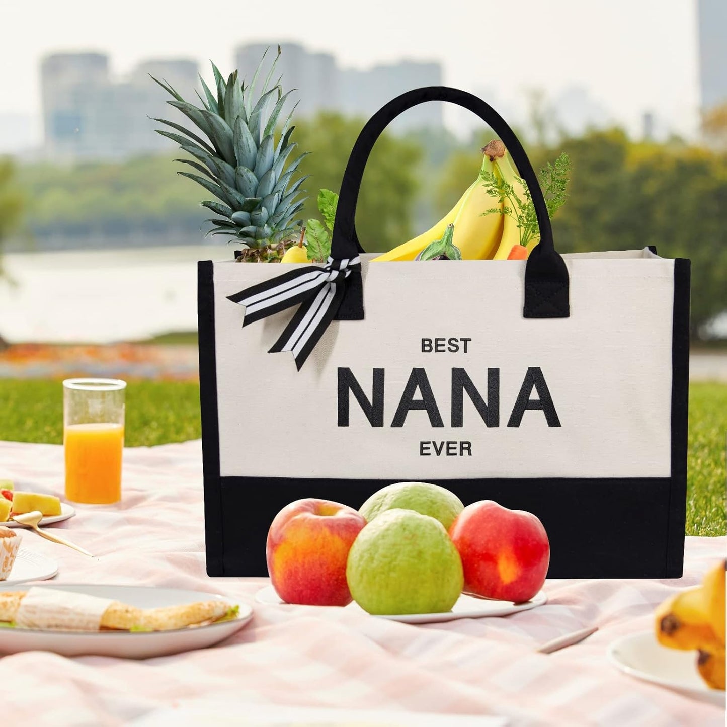 TOPDesign Embroidery Canvas Tote Bag for Women, Best Nana Ever Gifts for Grandma from Grandchildren Grandkids, Personalized Birthday, Mothers Day Present, Ideal for Beach, Holiday