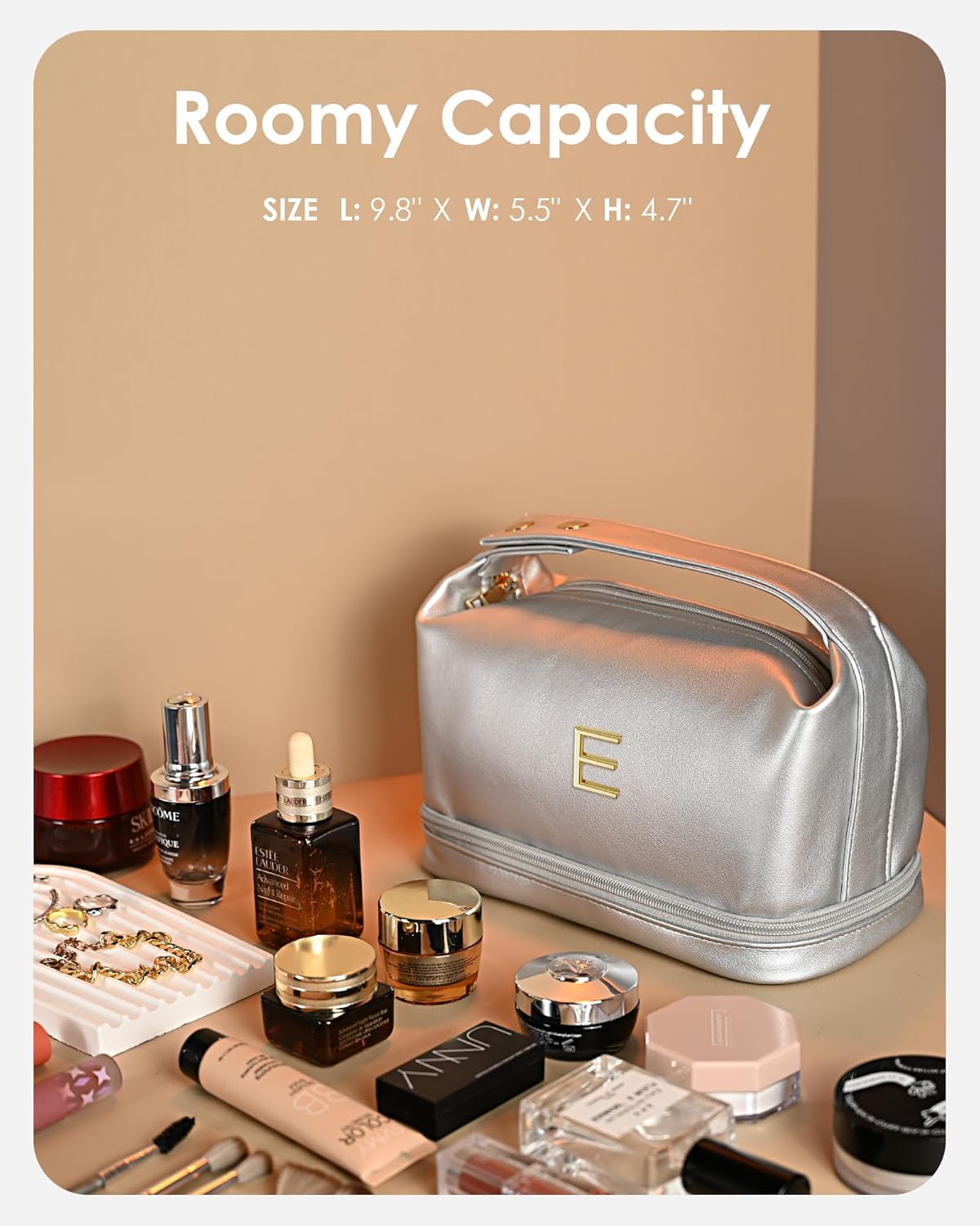 College Girl Gift Ideas, Personalized Makeup Bag with Handle, Initial Double Layer Cosmetic Bag with Makeup Brush Organizer, Cute Cosmetic Pouch for Women, Gift Ideas for Co Workers