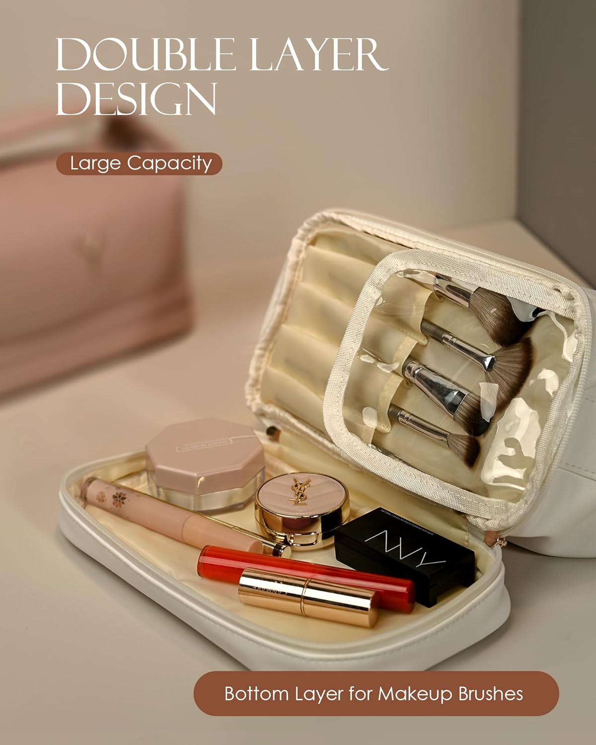 Cute Gifts for Women, Personalized Makeup Bag with Handle, Initial Double Layer Cosmetic Bag with Makeup Brush Organizer, Teacher Appreciation Gifts for Women, Gifts for Friends Female Mom