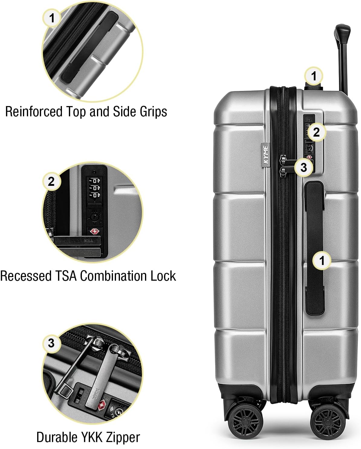 KYME Suitcases with Wheels Hardshell 30 Inch Luggage TSA Approved Large Checked Luggage Durable Travel Rolling Suitcase with Cup Holder for Women Men Silver Grey