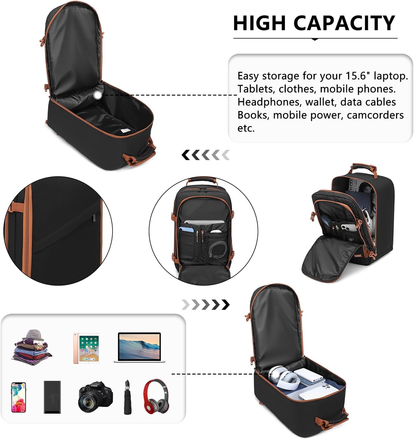 Kono Carry on Backpack, 16" Airplane Approved Under Seat Travel Backpack for Men and Women, Waterproof Lightweight Daypack for Flight 20L, Black/Brown