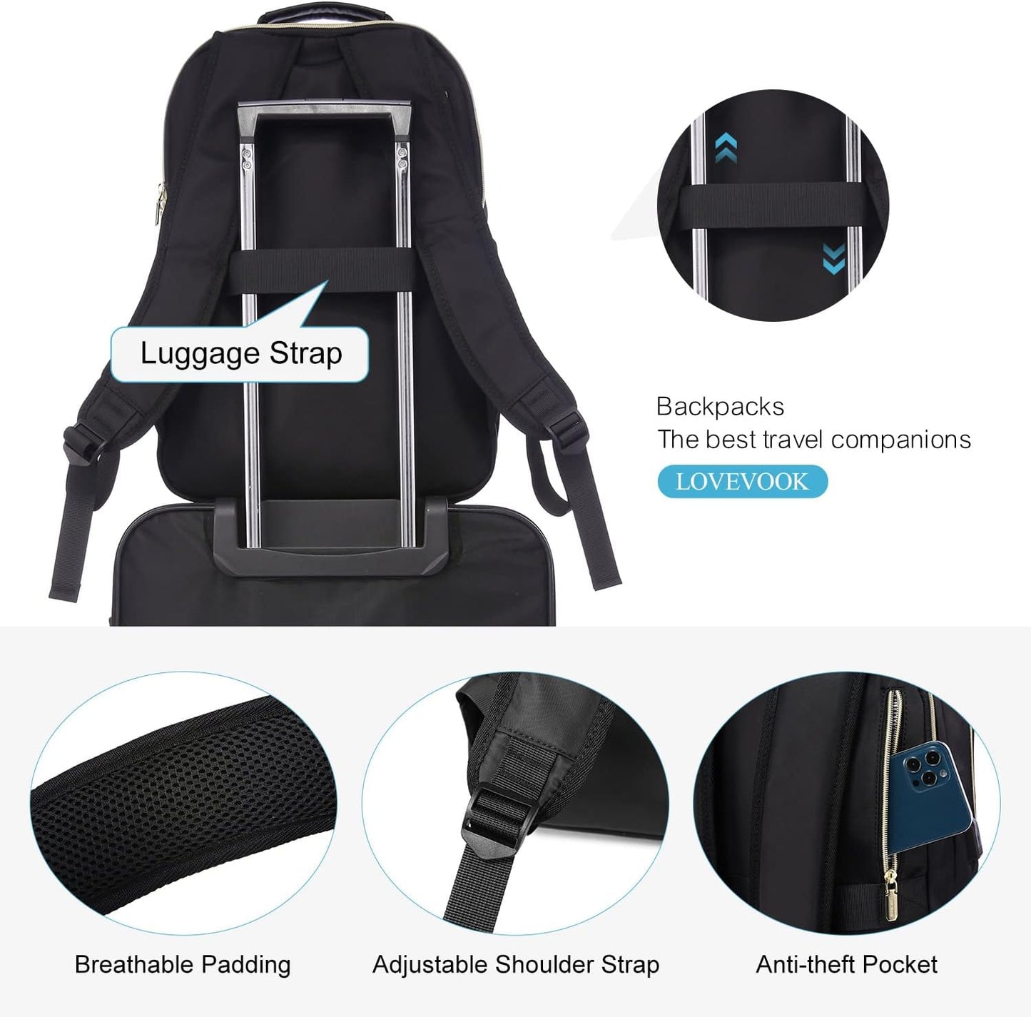 LOVEVOOK Laptop Backpack for Women, Stylish Quilted Backpacks Purse for Business Work Travel, Computer Bags Bag, with USB Port fits 15.6-inch Laptop, Black