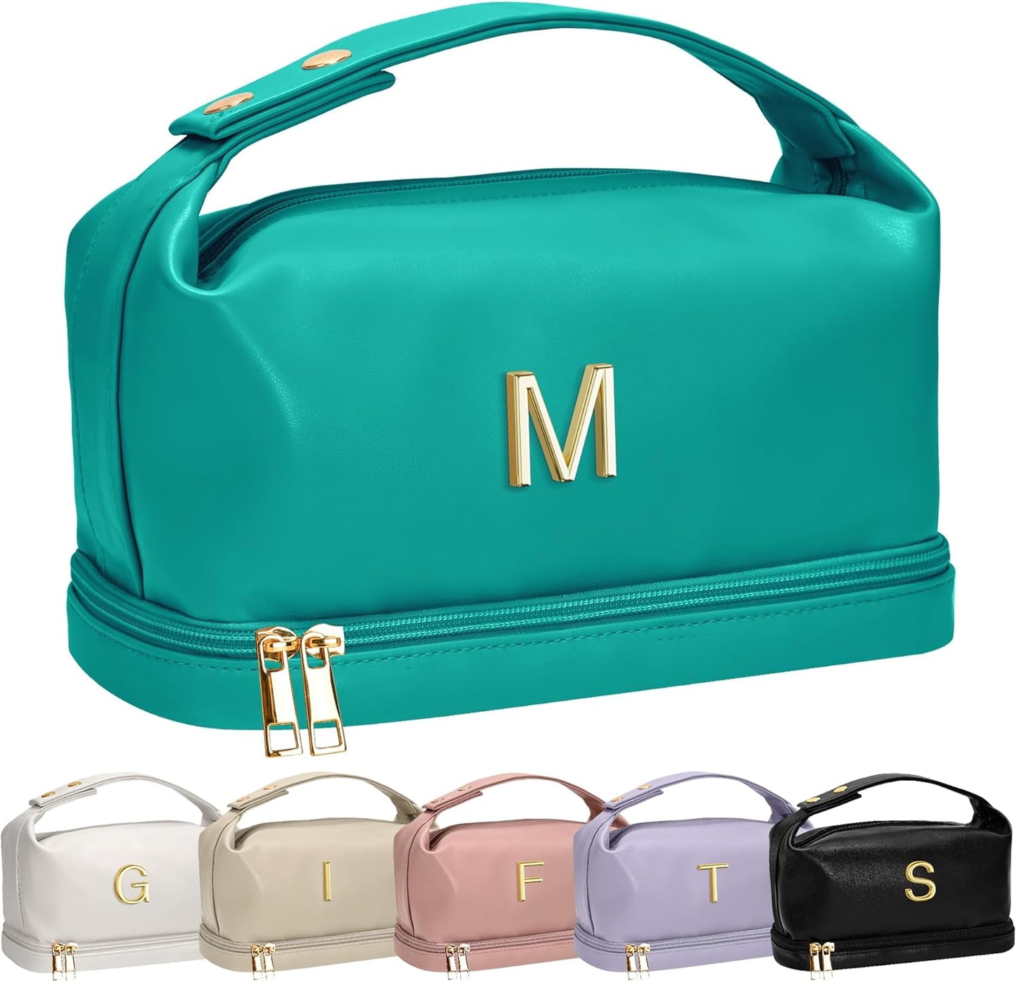 Gift for Her Birthday, Personalized Makeup Bag with Handle, Initial Double Layer Cosmetic Bag with Makeup Brush Organizer, Cute Cosmetic Pouch for Women, Gifts for Friend Female Mom