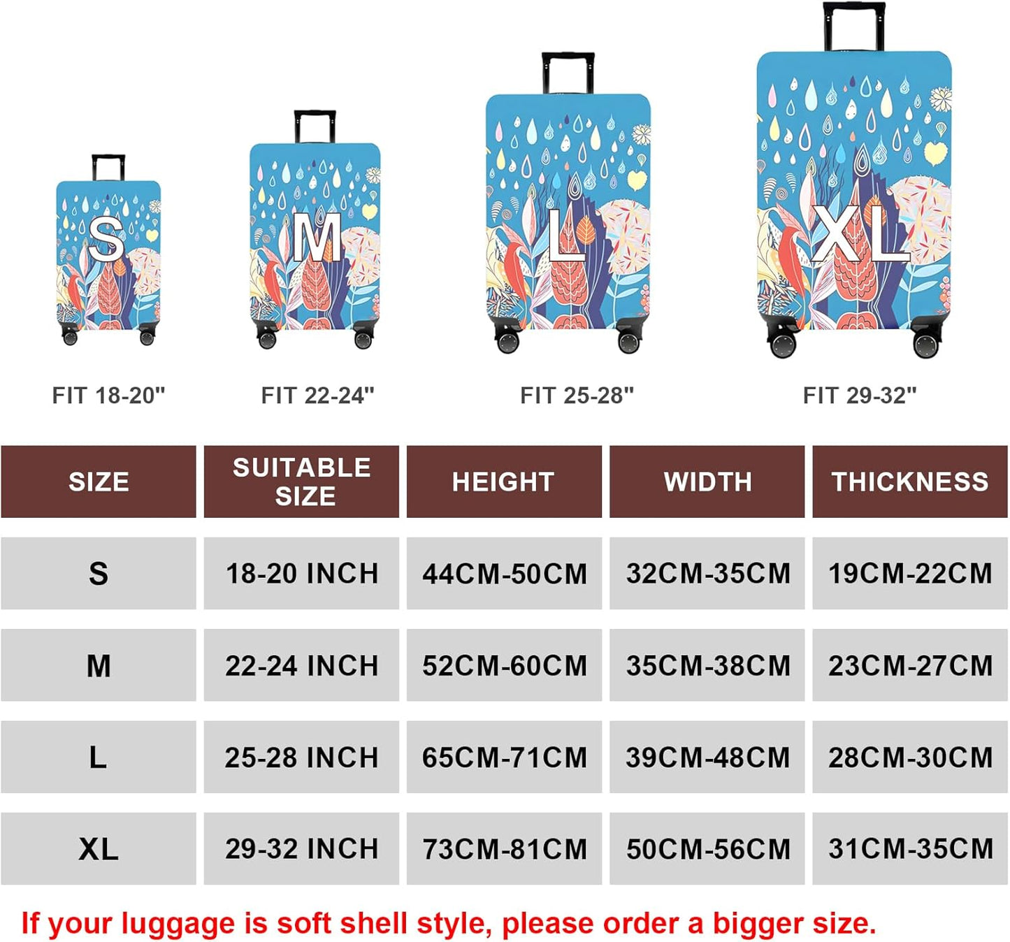 WUJIAONIAO Travel Luggage Cover Baggage Suitcase Cover Protector Skins 18-32 Inch (rainy season, L (for 25-28 inch luggage))