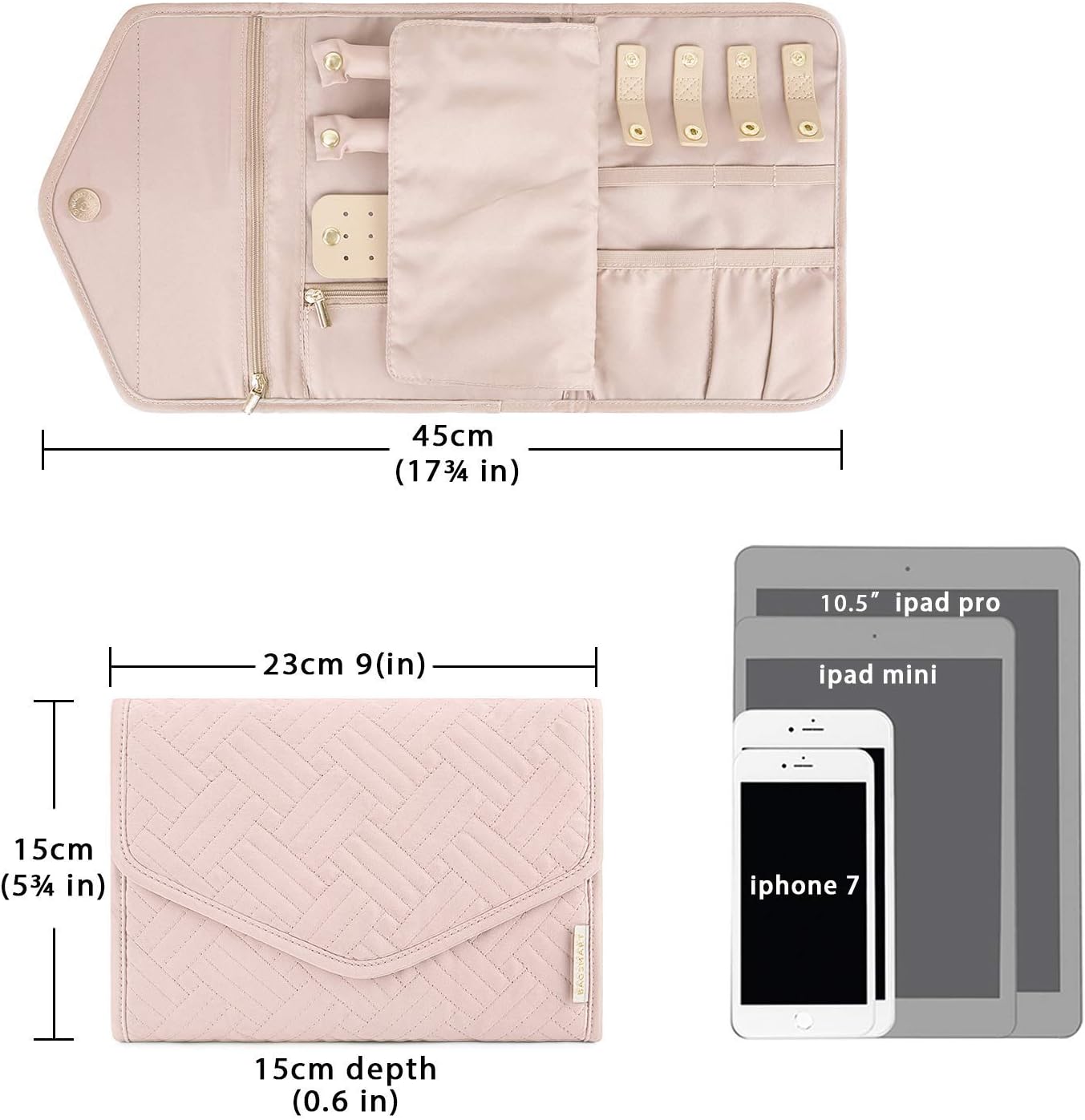 BAGSMART Travel Jewelry Organizer Roll Foldable Jewelry Case for Journey-Rings, Necklaces, Bracelets, Earrings, Soft Pink