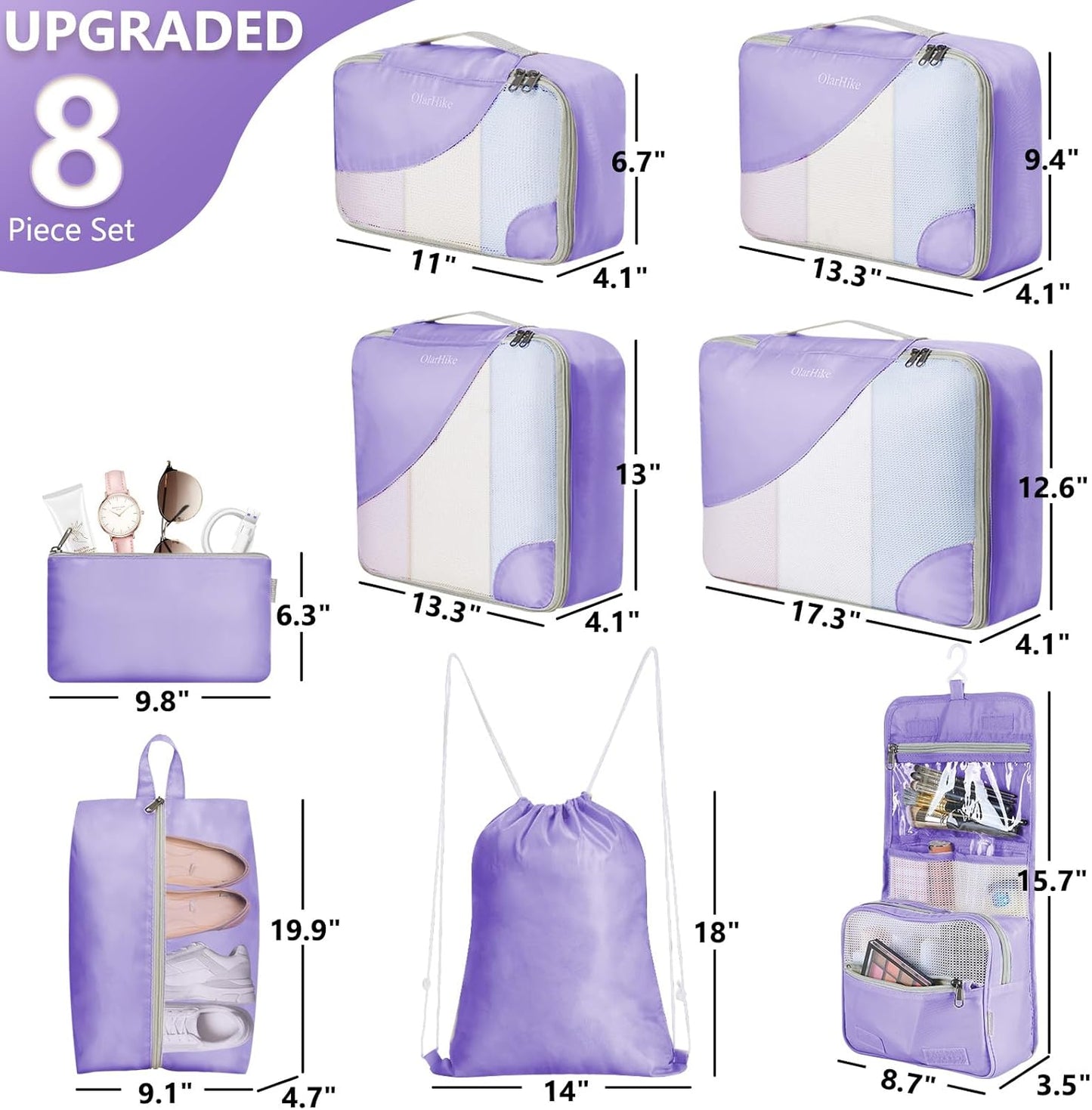 OlarHike 8 Set Packing Cubes for Travel, Sturdy Suitcase Organizer in 4 Sizes (Extra Large, Large, Medium, Small), Luggage Cubes with Toiletry Bag, Essentials Cruise Ship Gifts for Women (Purple)