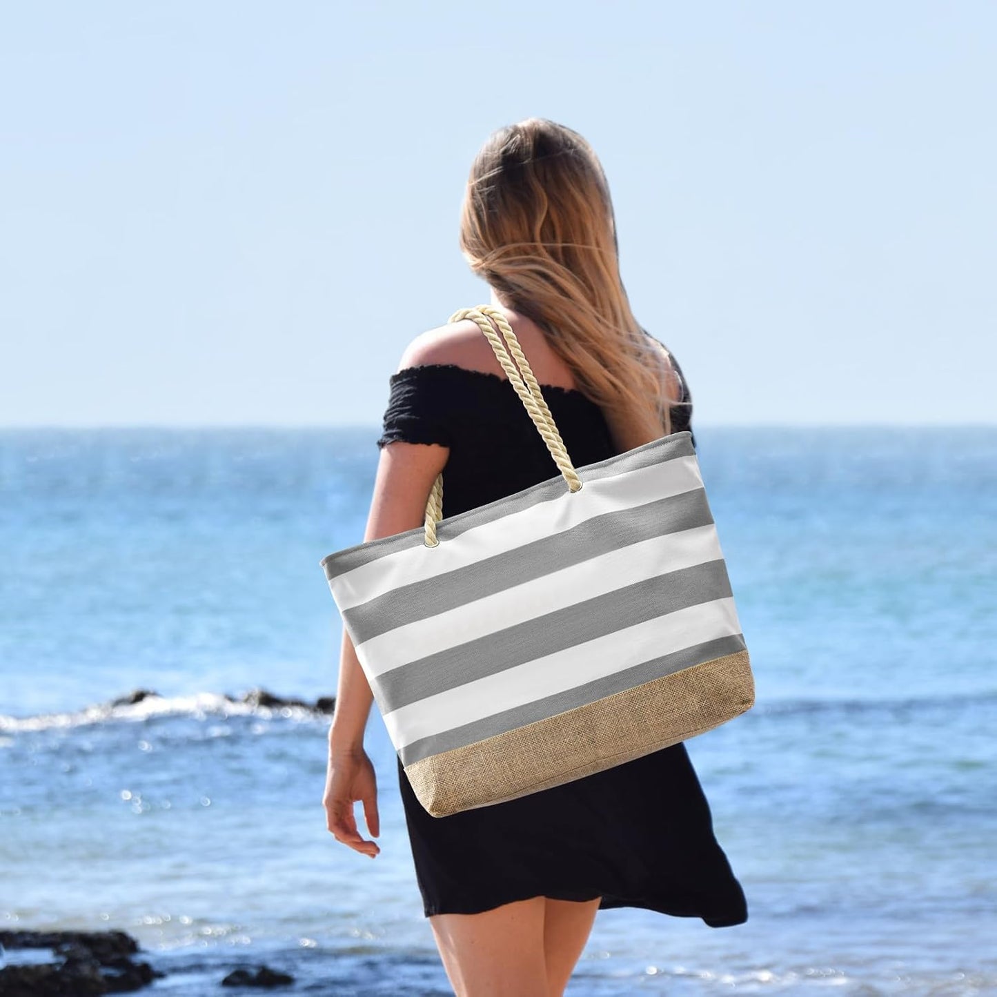 Becokan Beach Bag Initial Beach Tote with Makeup Bag for Travel Work Storage Personalized Birthday Gifts for Women Her