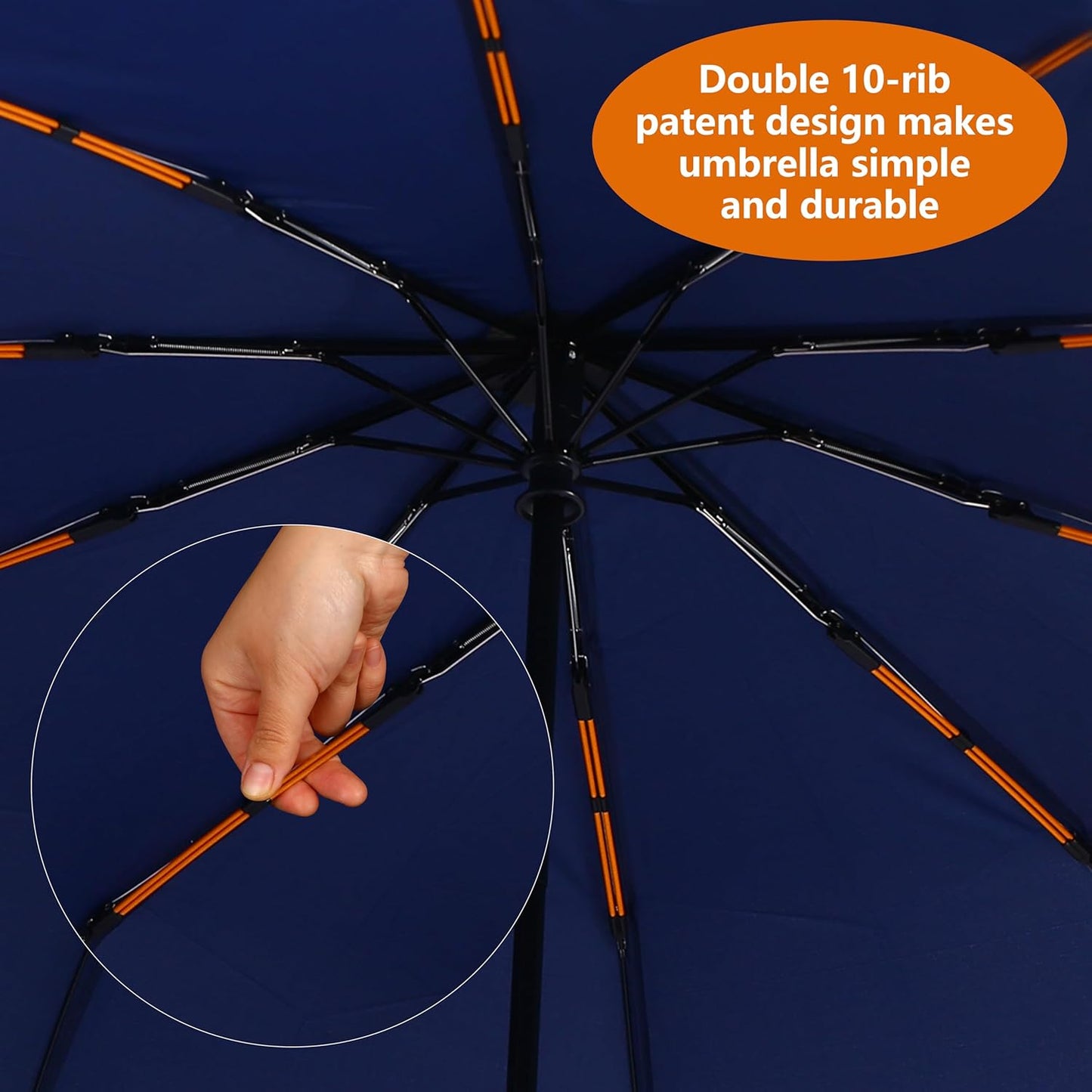 Double 10-Rib 46 Inch Compact Travel Umbrella for Rain - Sturdy Portable Windproof Umbrella - Small Automatic Folding Umbrella