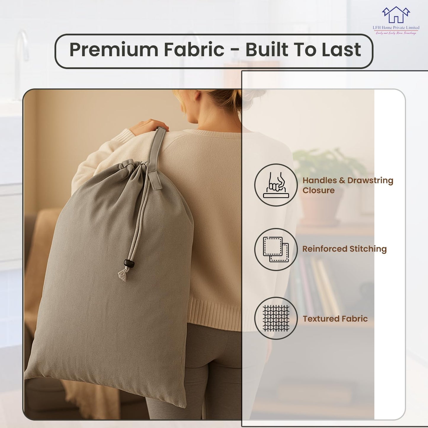 LFH Home Cotton Canvas Large Laundry Bag with Handle, Heavy Duty Drawstring Closure Washable Laundry Bags, School Travel, Home, Hotel, College Dorm, Organizer Sack, Toys Clothes 28x40 (Pack of 2)-Grey