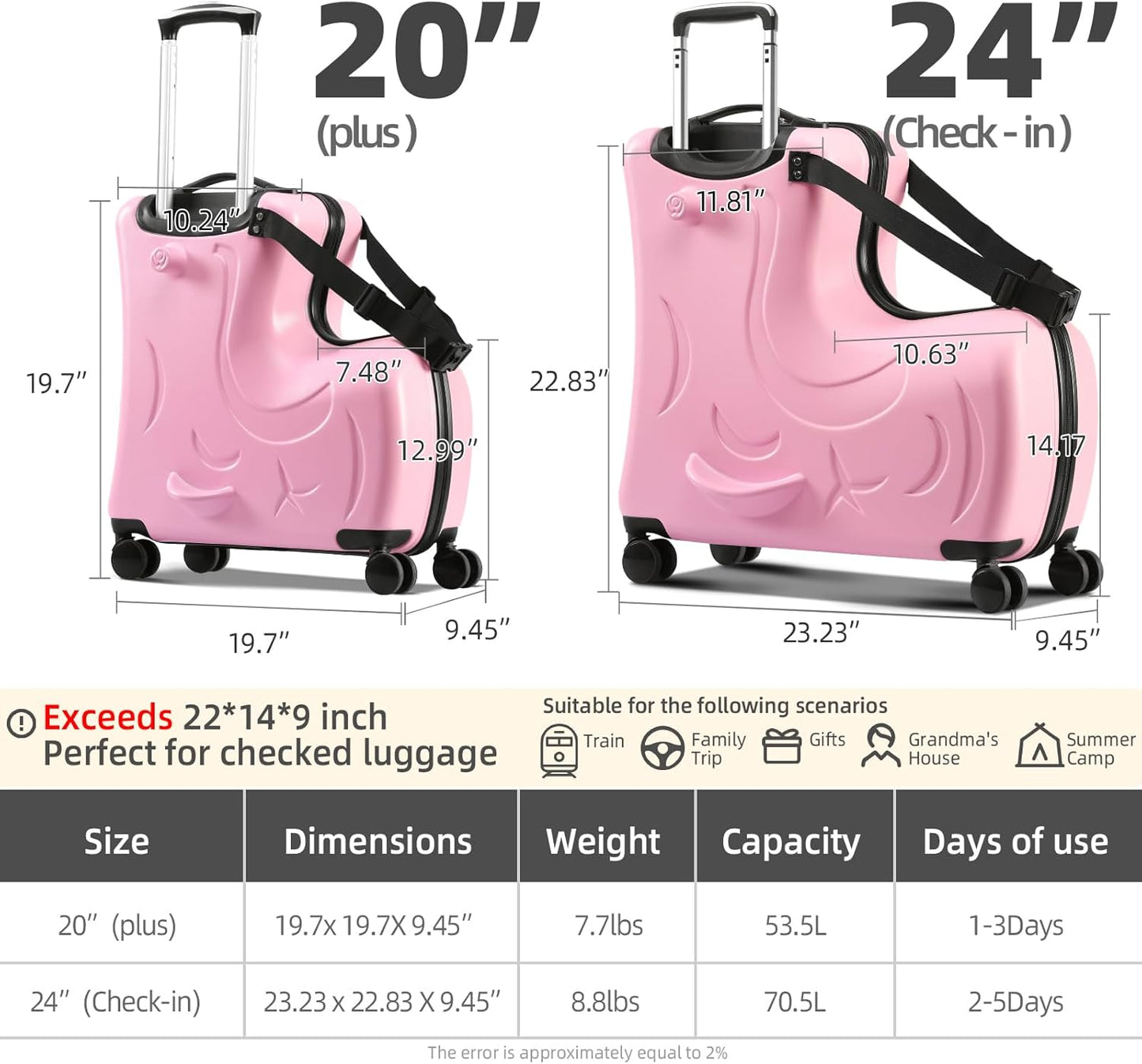 AO WEI LA OW Duffel Bag for Kids Ride-On Suitcase Carry-On Luggage with Wheels (Pink, 24 Inch(suggest 6-12 years old))