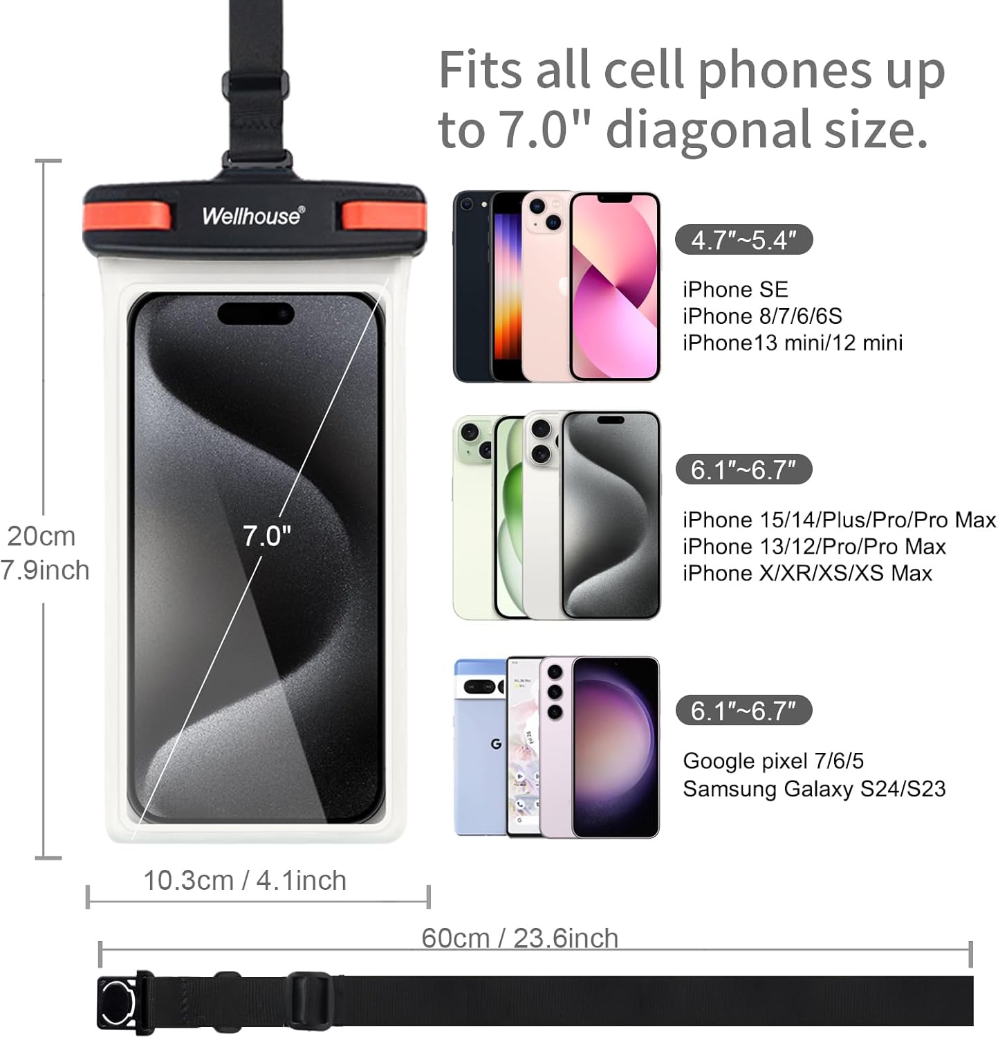 wellhouse Waterproof Phone Pouch, Waterproof Phone Case for iPhone 16 15 14 13 12 Pro Max XS Samsung, IPX8 3D Cellphone Dry Bag Beach Essentials (1 Pack - Black/Red Clasp7.0, 7 inch)
