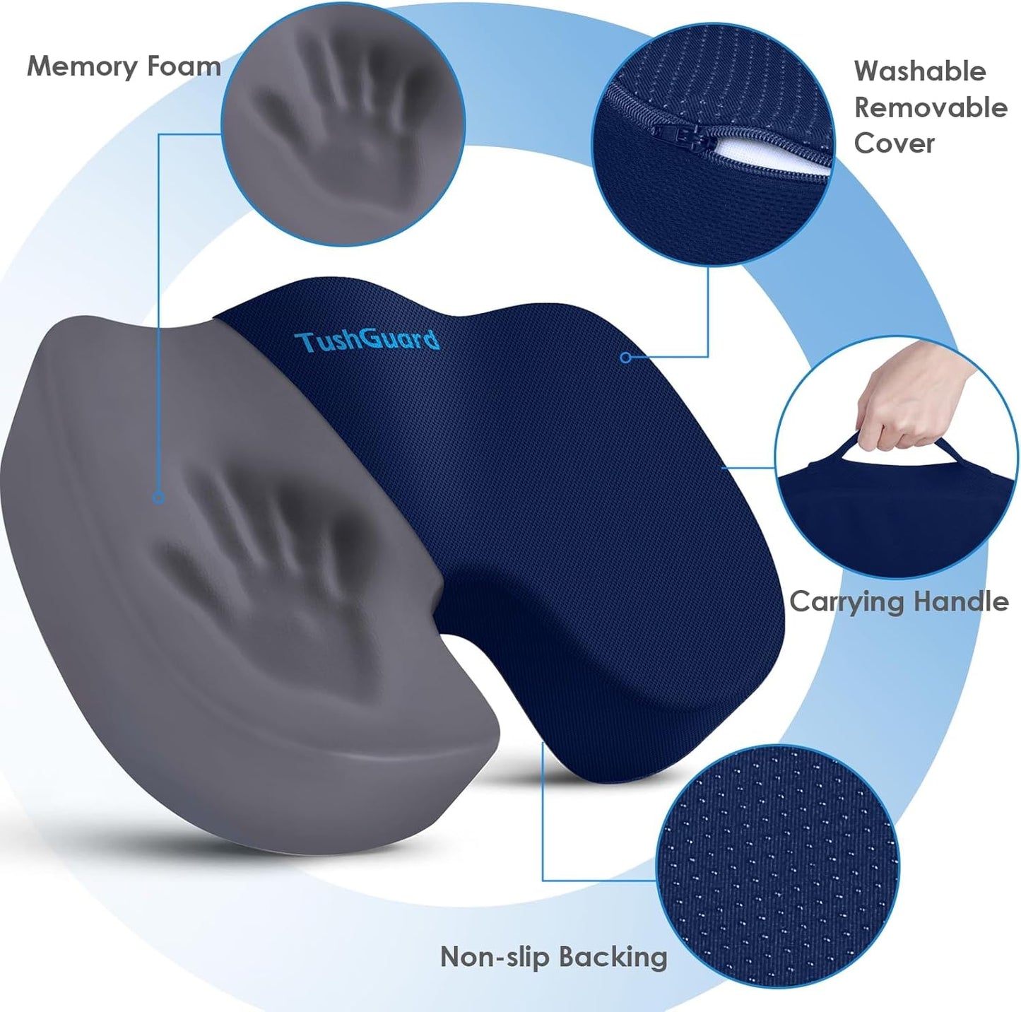 TushGuard Seat Cushion for Office Chair Memory Foam Non-Slip Cushion Back, Coccyx, Sciatica, Tailbone Pain Relief Butt Pillow for Office Chair, Car, Wheelchair, Blue, XX-Large
