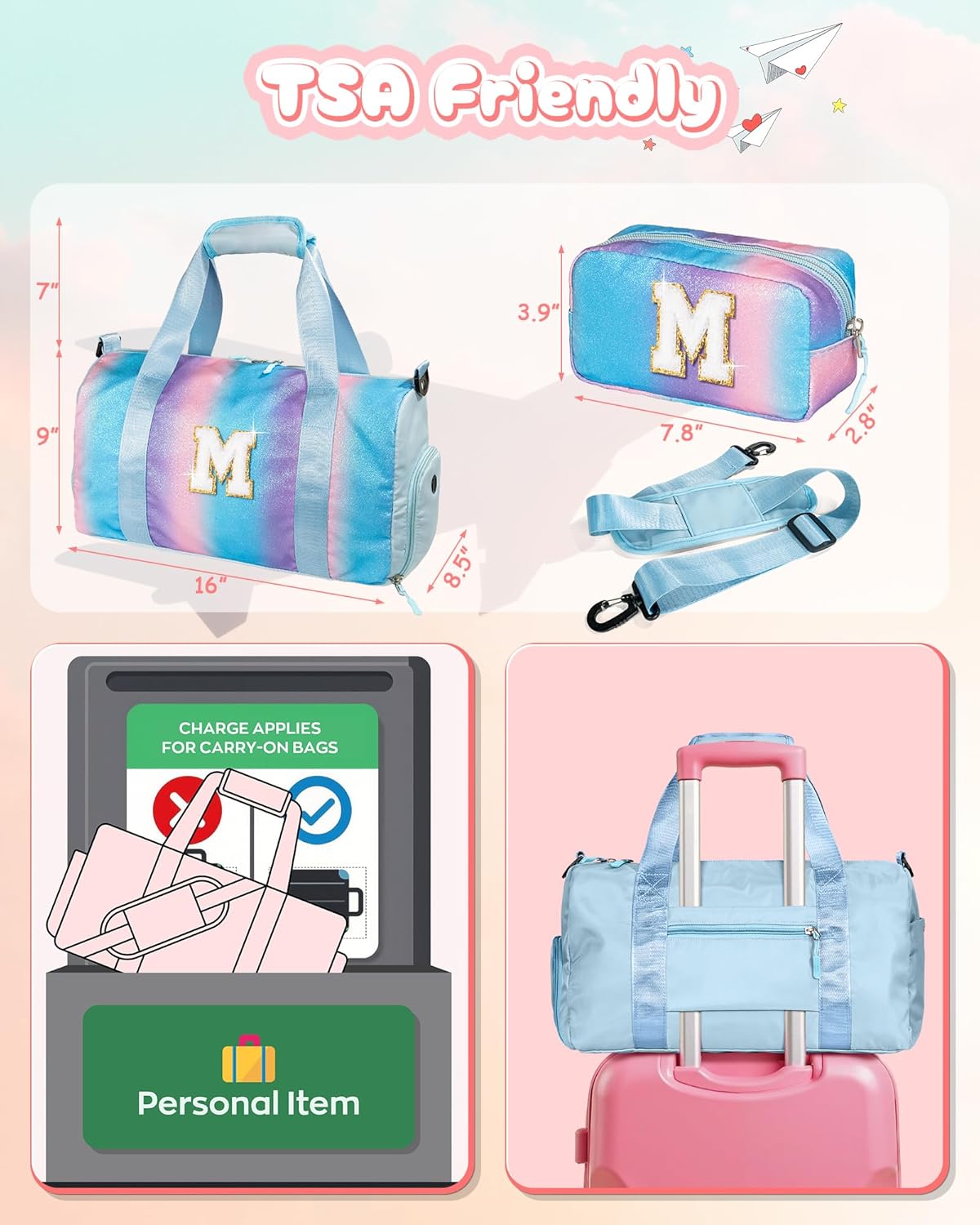 Christmas Gifts for Girls-Girl Gym Bag with Shoe Compartment, Kid Personalized Weekender Overnight Bags, Initial Travel Tote with Makeup Pouch, Gift Ideas for Niece Sister (Letter W)