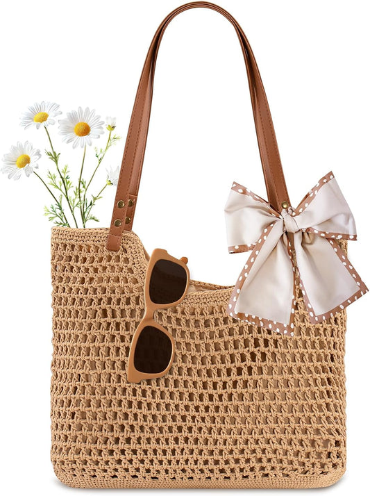 Peicees Crochet Beach Bag For Women Summer Tote Bag Boho Shoulder Bag With Leak-Proof Lining for Vacation Travel Woven Purse