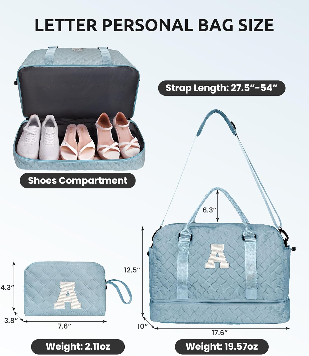 Gifts for Granddaughter-Initial Duffle Bag with Shoe Compartment, Personalized Weekender Bag, Monogram Overnight Bag, Letter Travel Bag with Makeup Bag，Daughter Friend Gifts (Letter S)