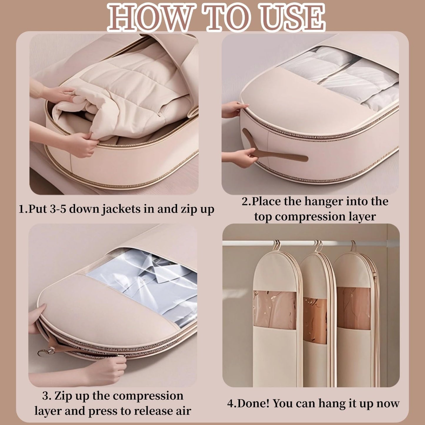 Space Saving Hanging Garment Bag With Self Compression Zipper,Garment Bags for Travel,Dust Cover for Coats Down Jackets, Closet Clothes Organizer with Clear Window (Beige, M+L+XL)