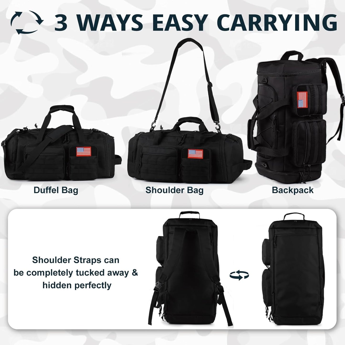 Tactical Gym Bag for Men，70L Large 3 in 1 Sports Duffle Bag with Shoes Compartment for Travel,Water Resistant Travel Backpack Weekender Overnight Bag with Wet Pocket for Women