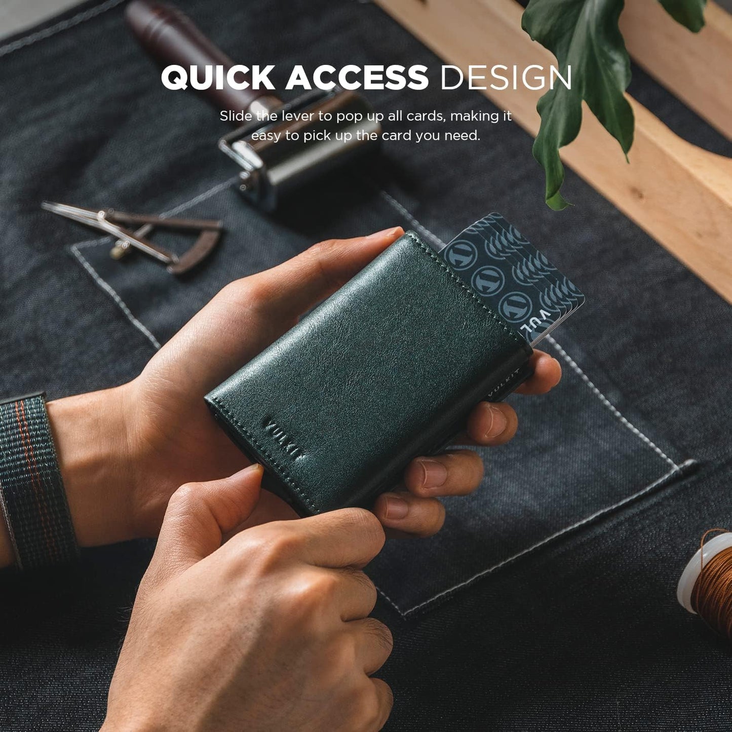 VULKIT Pop up Card Wallet Minimalist Cash Wallets RFID Blocking Leather Smart Credit Card Holder with ID window for Men(Green)