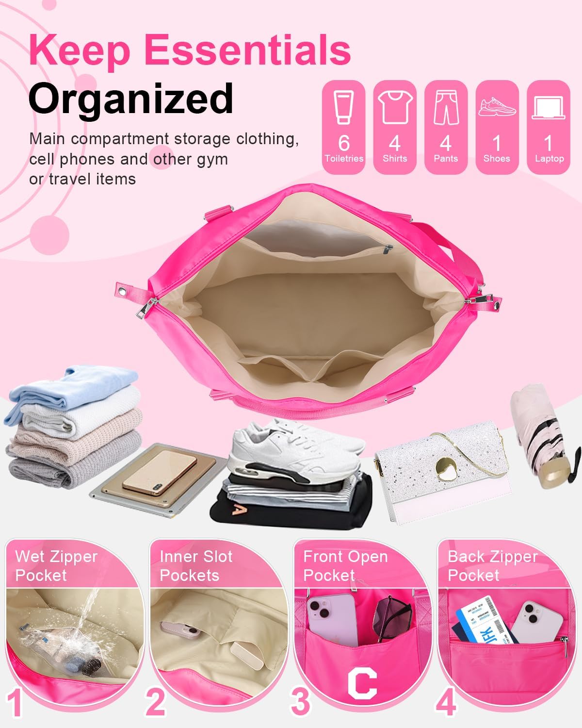 Overnight Bag for Kids Teen Girls Weekender Dance Bag Birthday Graduation Gifts,Initial Travel Duffel Bag Sports Gym Bag Personalized Weekender Bag Carry On Bags Preppy Gifts for Women(Hot Pink, C)