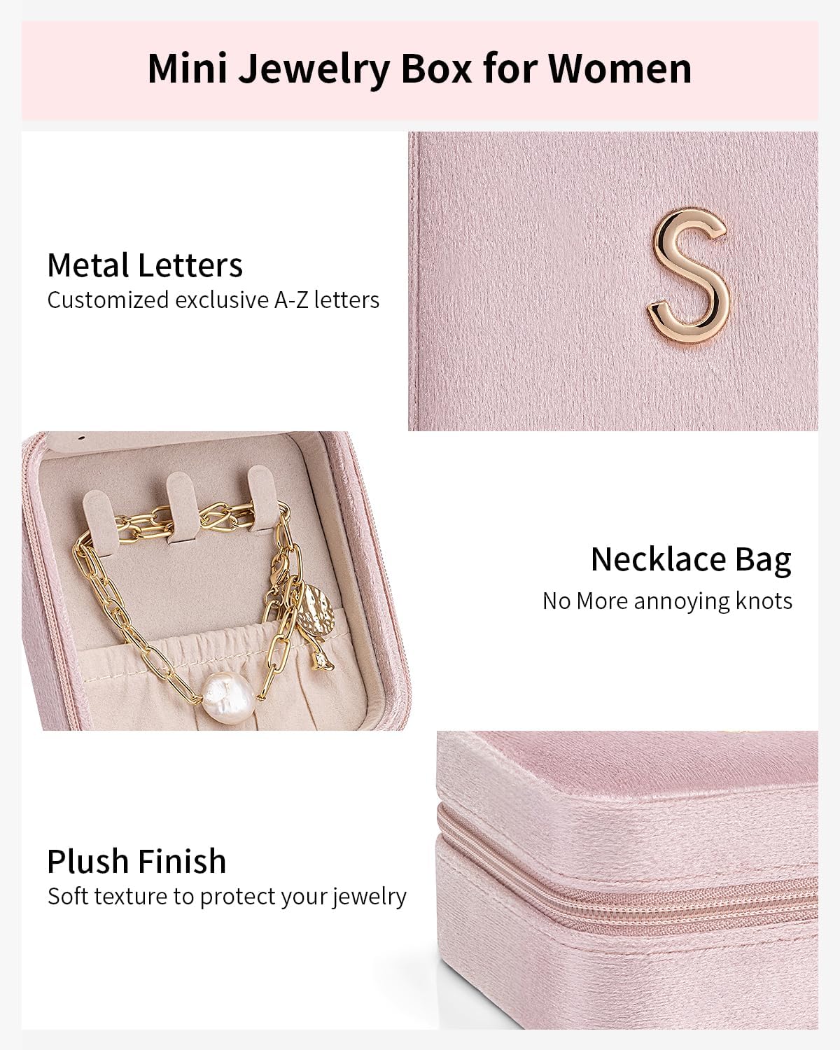 Vlando Valentines Day Gifts for Her - Jewelry Organizer, Necklace, Earrings, Ring Organizer - Travel Essentials - Pink