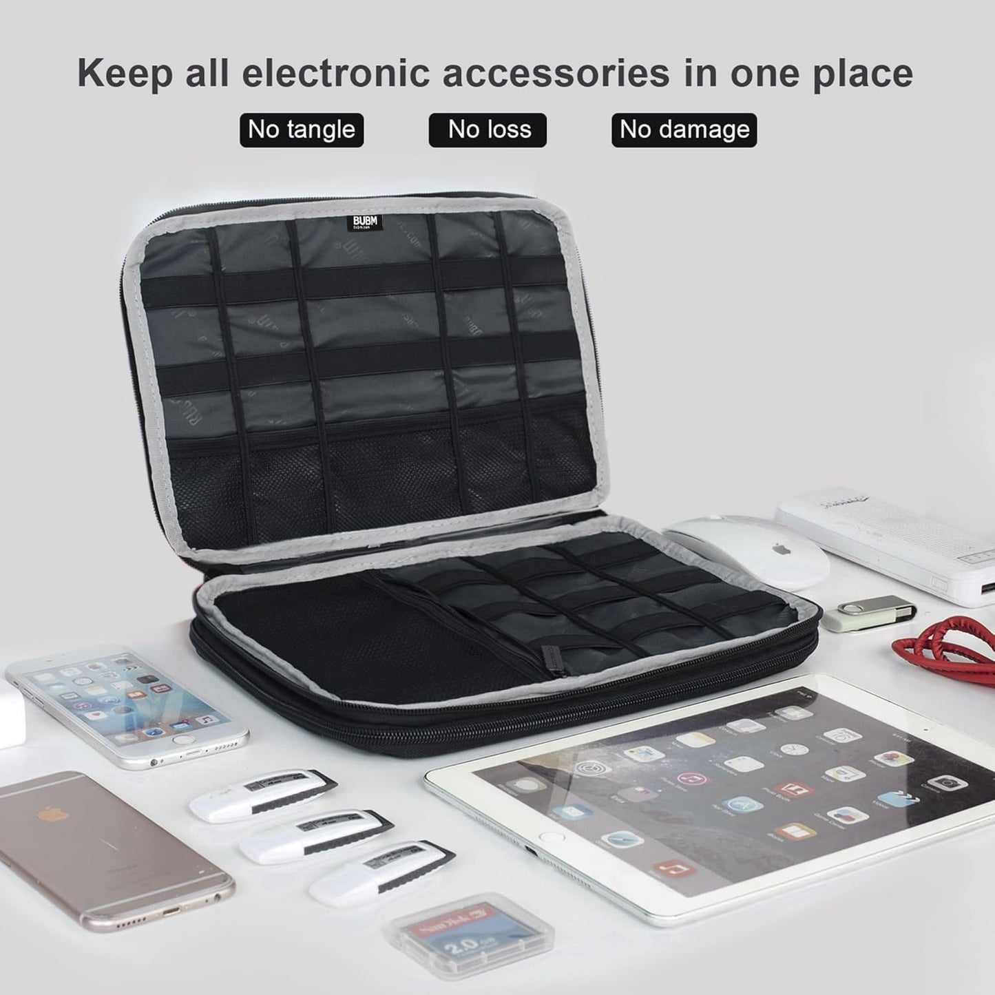 BUBM Double Layer Electronics Organizer/Travel Gadget Bag for Cables, Memory Cards, Flash Hard Drive and More, Fit for iPad or Tablet(up to 9.7")-Large, Blue