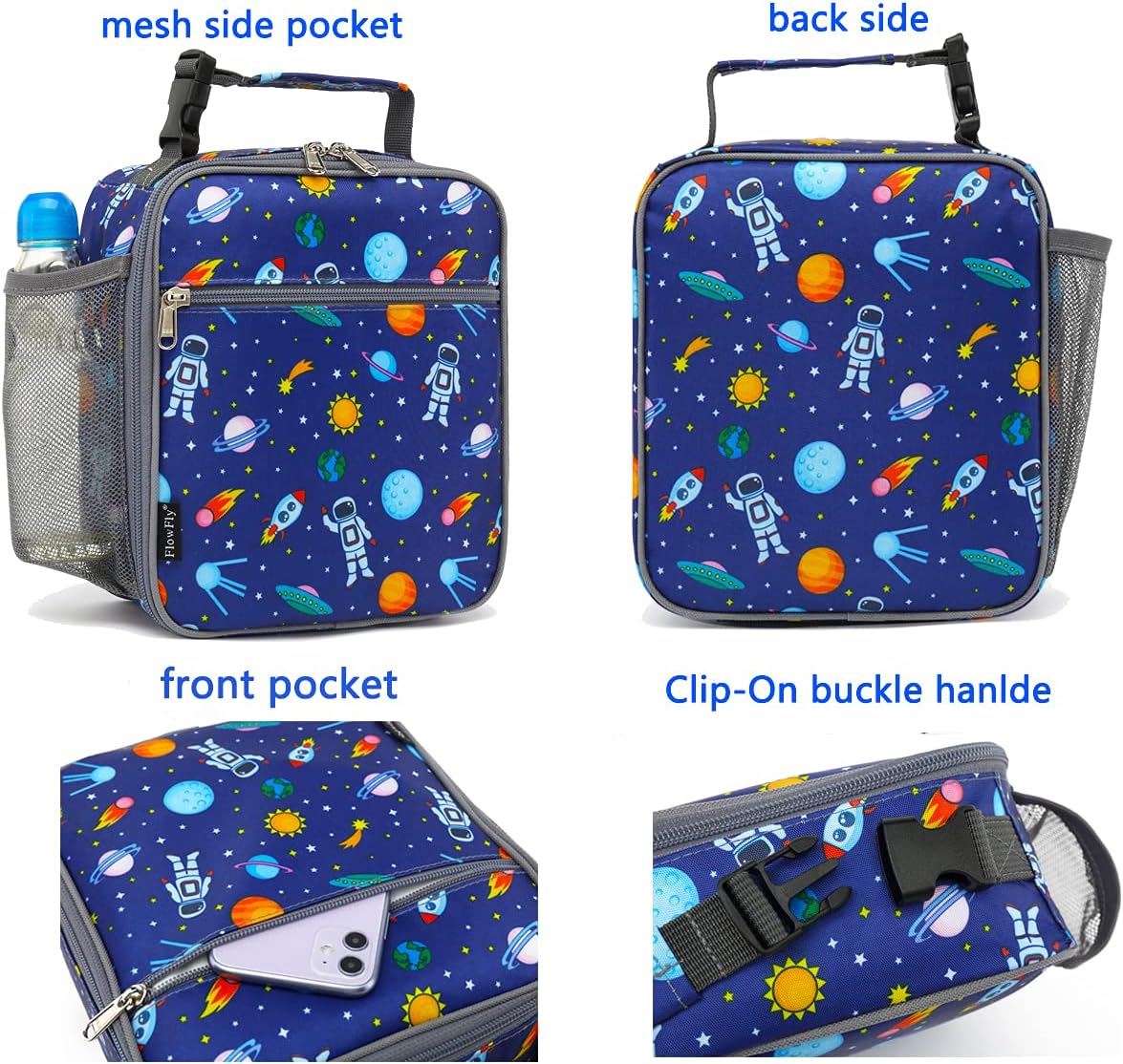 FlowFly Kids Lunch box Insulated Soft Bag Mini Cooler Back to School Thermal Meal Tote Kit for Girls, Boys, Astronaut
