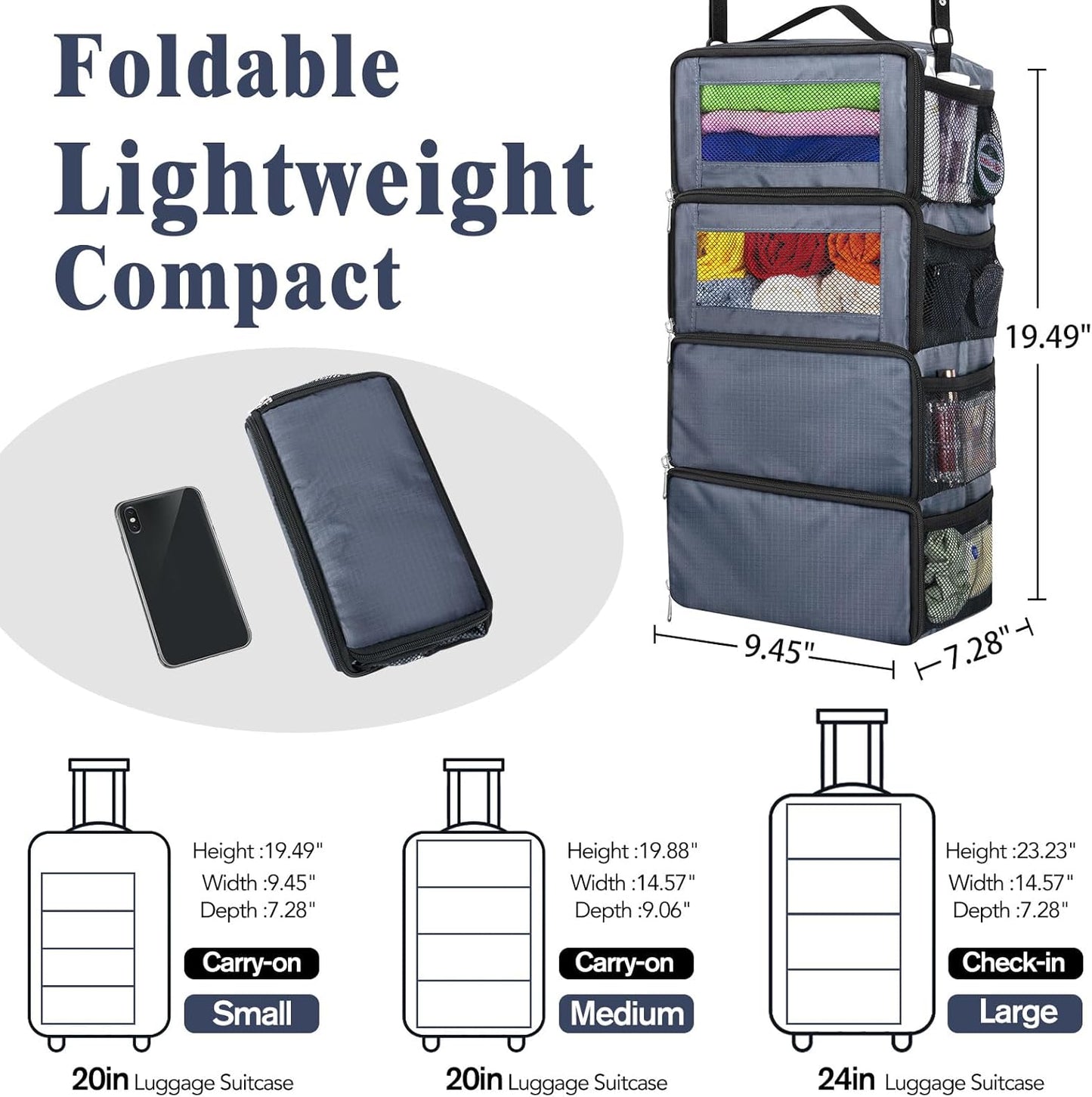 Hanging Travel Organizer, Carry on Luggage Suitcase Organizer, Travel Essentials Portable Travel Shelves Packing Cube for Travel Cruise Small, Gray