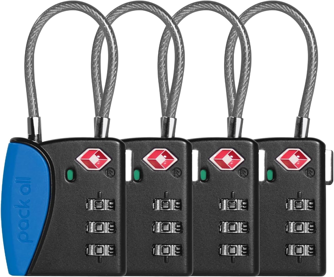 pack all TSA Approved Cable Luggage Locks, 3 Digit Combination Padlocks, Travel Lock for Suitcases & Bag, Alloy Body, Travel Accessories (4 Pack)（Navy）