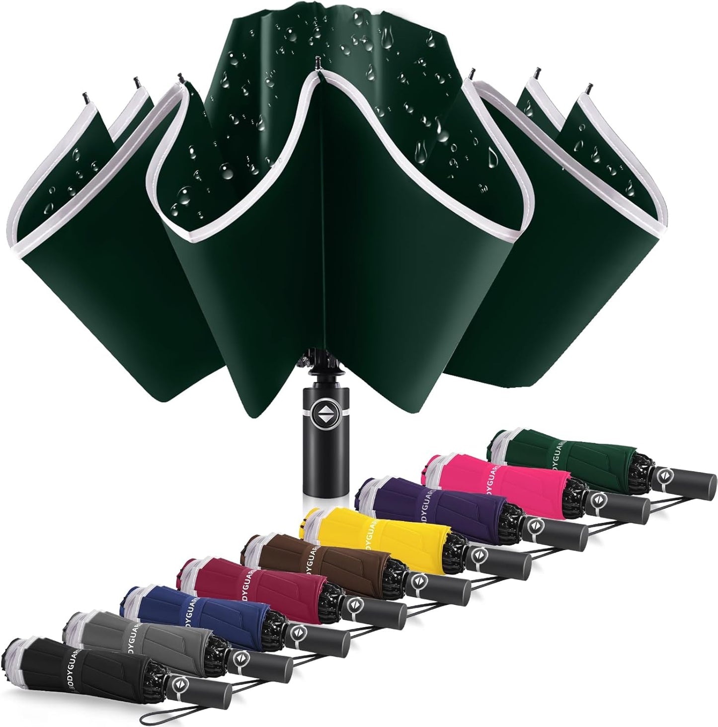 Bodyguard Inverted Umbrella - Large Windproof for Rain & Sun, Compact Reverse With Reflective Stripe, Teflon-Coated for Women Men, Travel Folding With Cover Bag