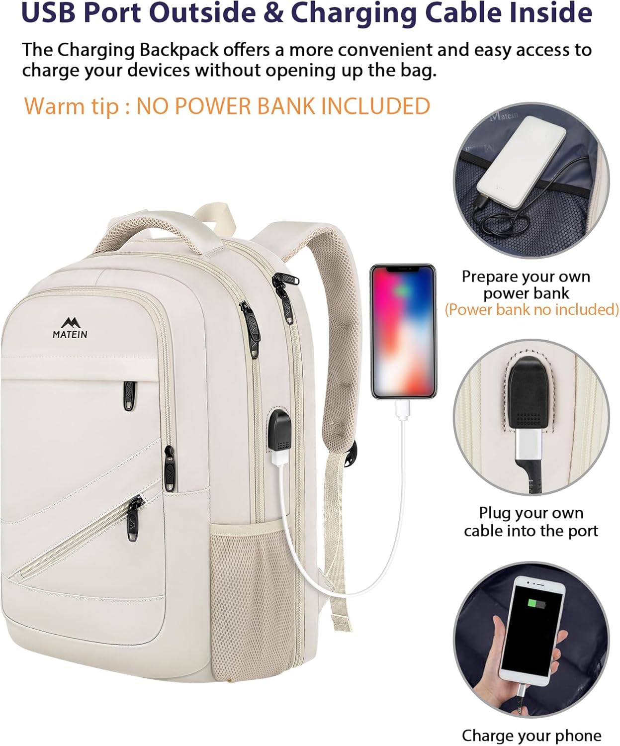MATEIN 17 Inch Laptop Bookbag for Women, College School Backpack Large Capacity with USB Port & Luggage Strap, Water Resistant Padded Computer Backpack TSA Approved for Nurse Work Travel, Beige