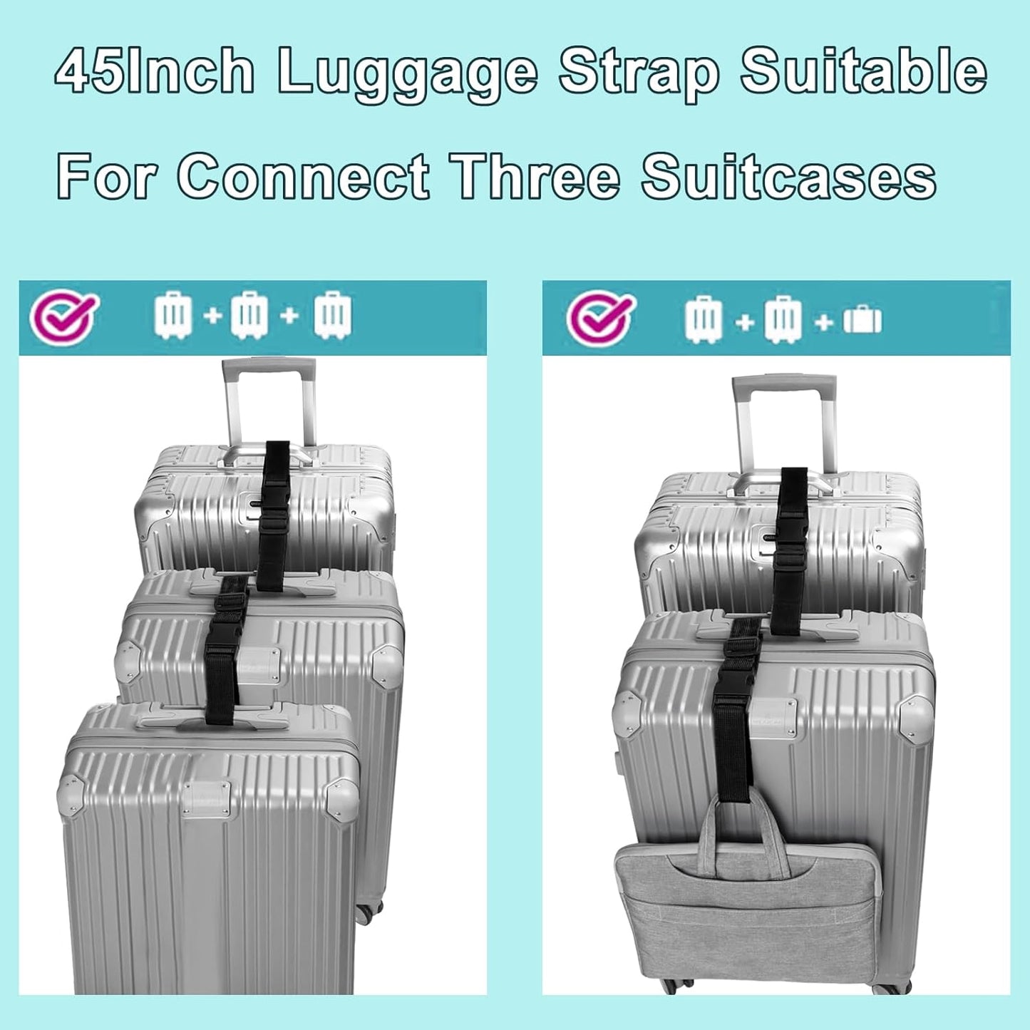 2Pack Luggag Straps for Carry On Bag, Adjustable Suitcase Belt Add Bag Travel Attachment Accessories for Connect Your 3 Luggages, Blue