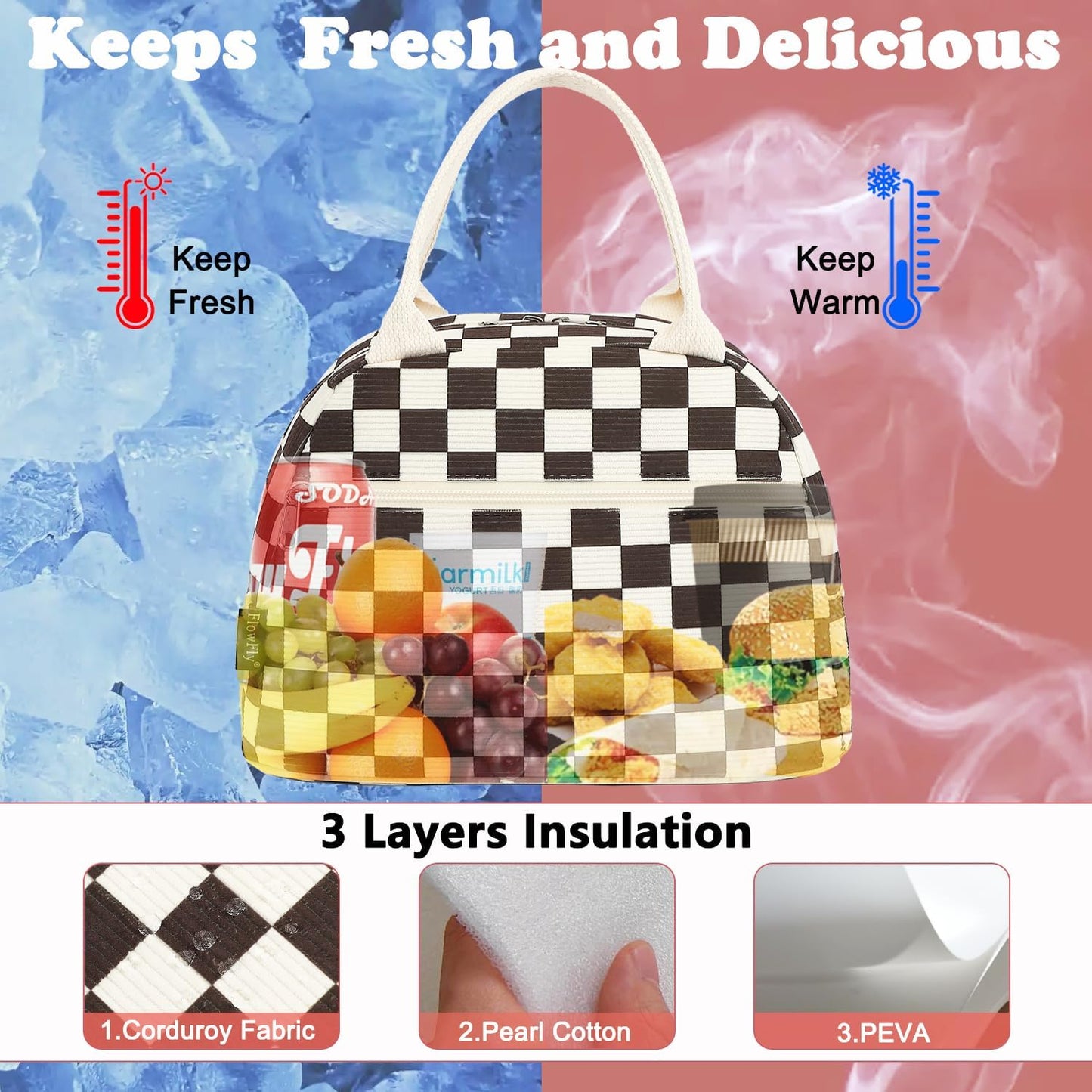 FlowFly Lunch Bag for Women Insulated Lunch Box Corduroy Lunch Tote Cooler for Travel Work Picnic,Corduroy Plaid Coffee