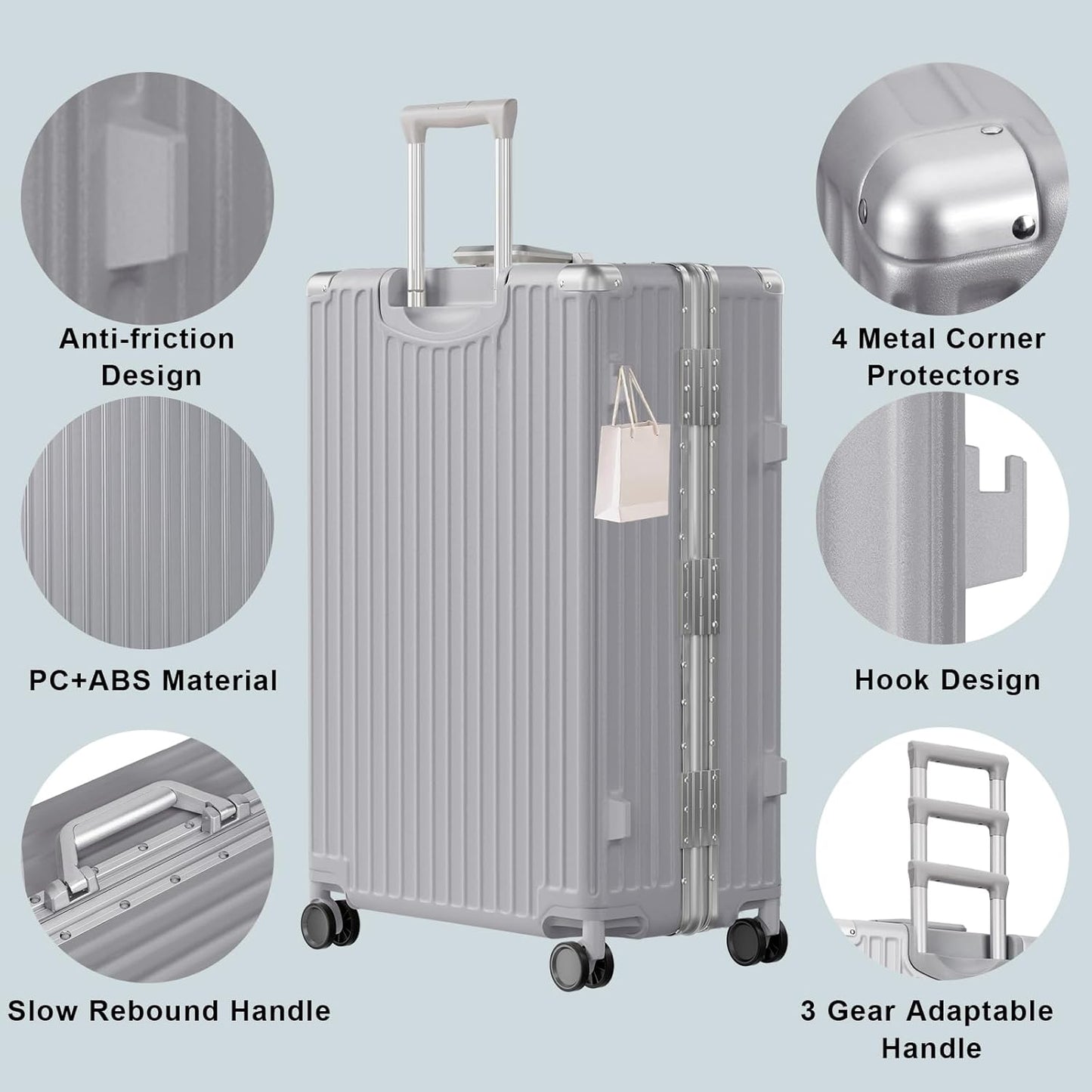 AnyZip Luggage PC+ABS Aluminum Frame Zipperless Checked Luggage Hard Shell Suitcase with TSA Lock Double Spinner Wheels 24 Inch Silver