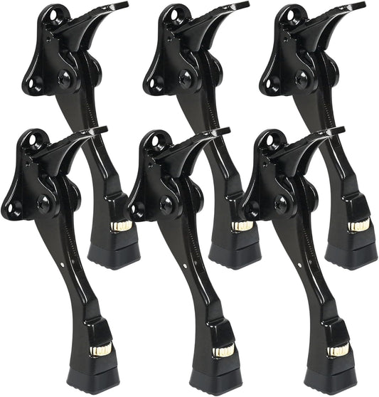 6 Packs Black Door Stops, Heavy Duty Kickdown Door Stopper, One Touch Adjustable Kickdown Door Stop for Heavy Doors, 4 in Metal Door Kickstand with Rubber Tip & Wall Protectors for Wide Doors