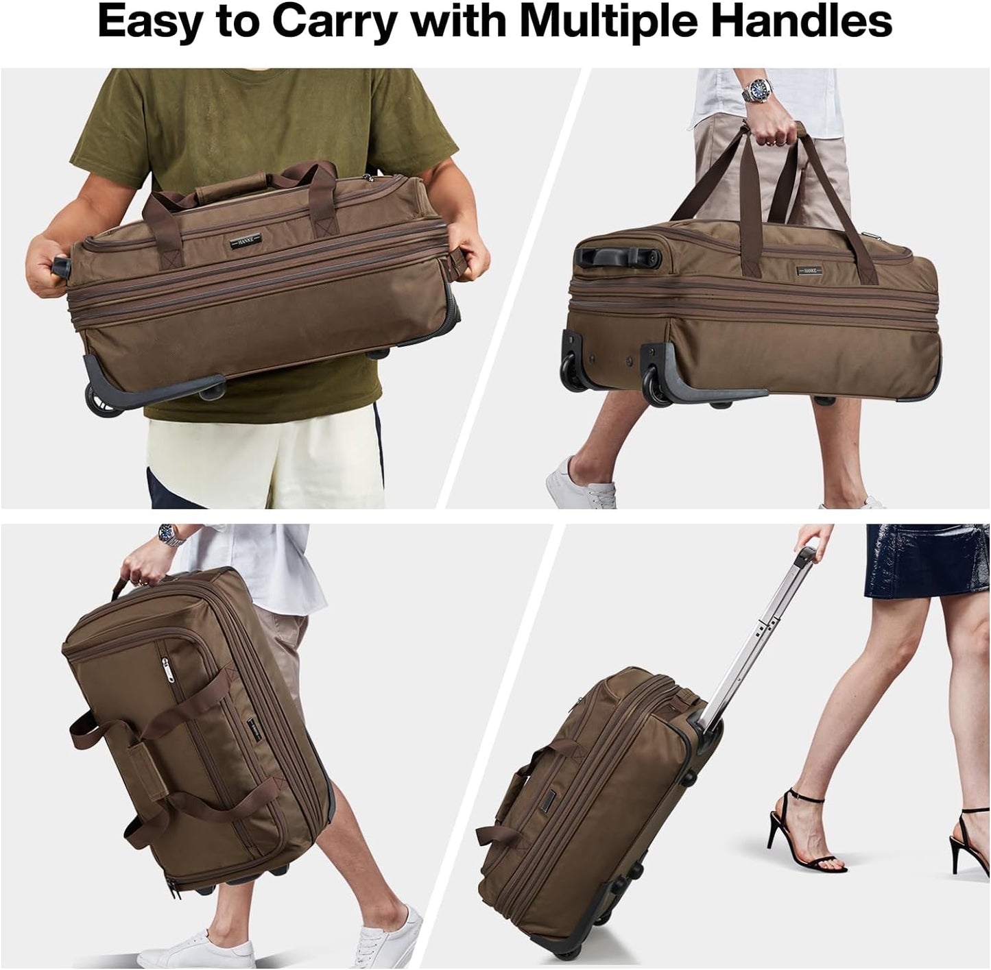 Hanke Expandable Carry On Luggage Suitcases with Wheels Foldable Duffle Bag for Travel Carry On suitcase Weekend Bag for Women Men（Coffee）