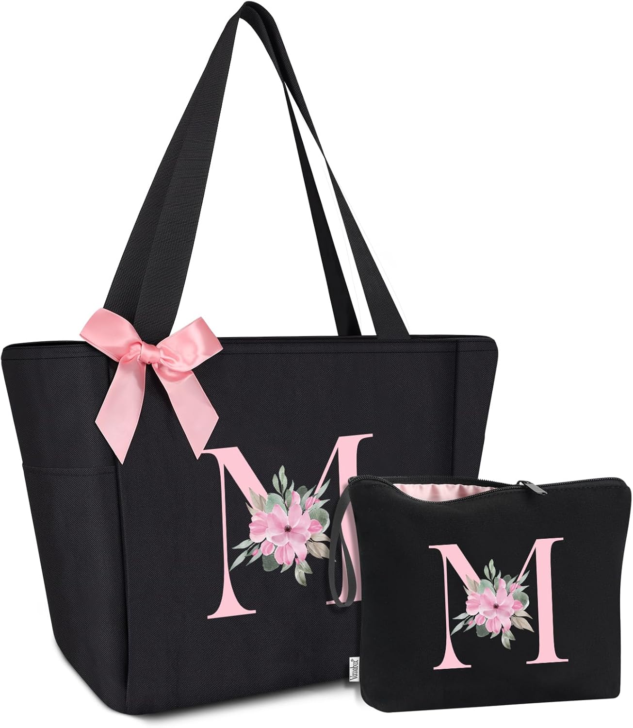 Vavabox Tote Bag, A-Z Initial Monogrammed Waterproof Tote Bag, Bridesmaid Gifts for Women, Black and Pink