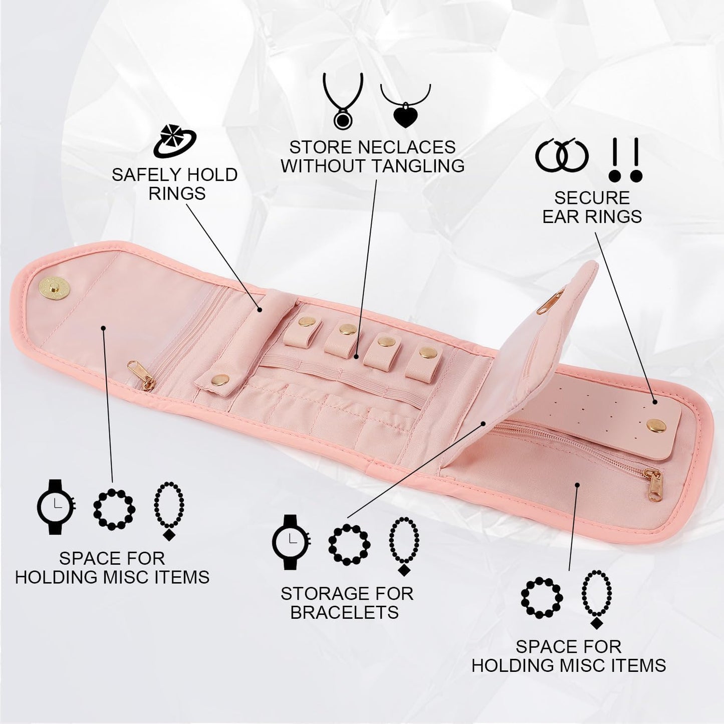emissary Small Jewelry Travel Case Organizer for Necklace, Earrings, Rings, Bracelet, Jewelry Storage, Earring Storage, Necklace Storage, Valentines Day Gifts Pouch Bag Accessories for Travel (Pink)