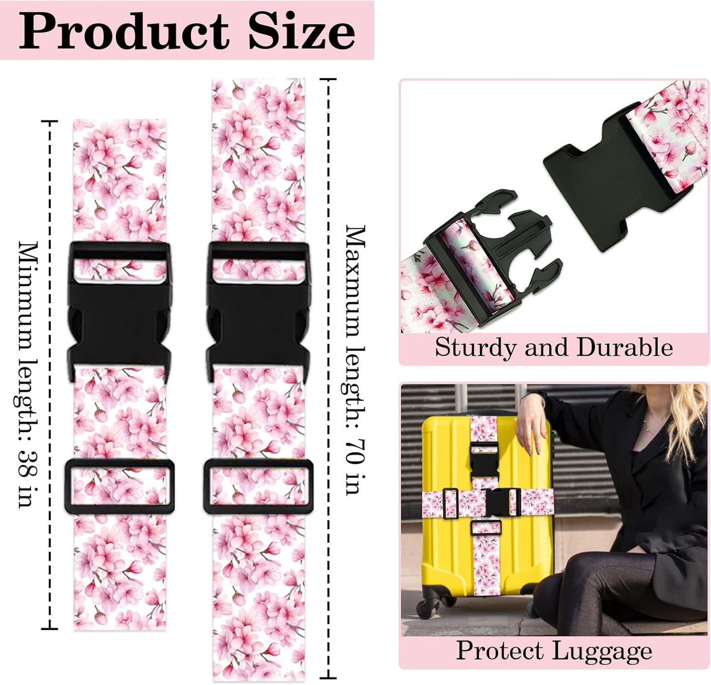 Luggage Straps for Suitcases TSA Approved, Luggage Identifiers for Suitcase, Adjustable Suitcase Strap for Baggage Security with Cute Patten, Travel Necessary Accessories (Peach Blossom)