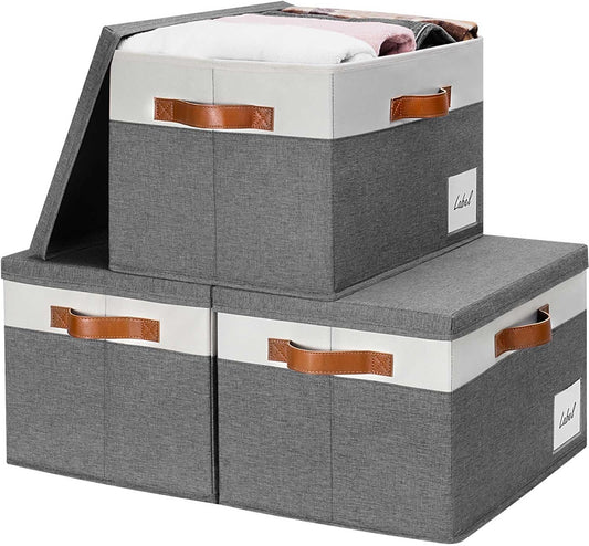 GhvyenntteS Storage Bins with Lids 3 Pack, Large Storage Baskets with Lids and Label, Foldable Fabric Storage Boxes with 3 PU Handles for Organizing Shelves Home Nursery Office (Grey, 15x11x9.6)