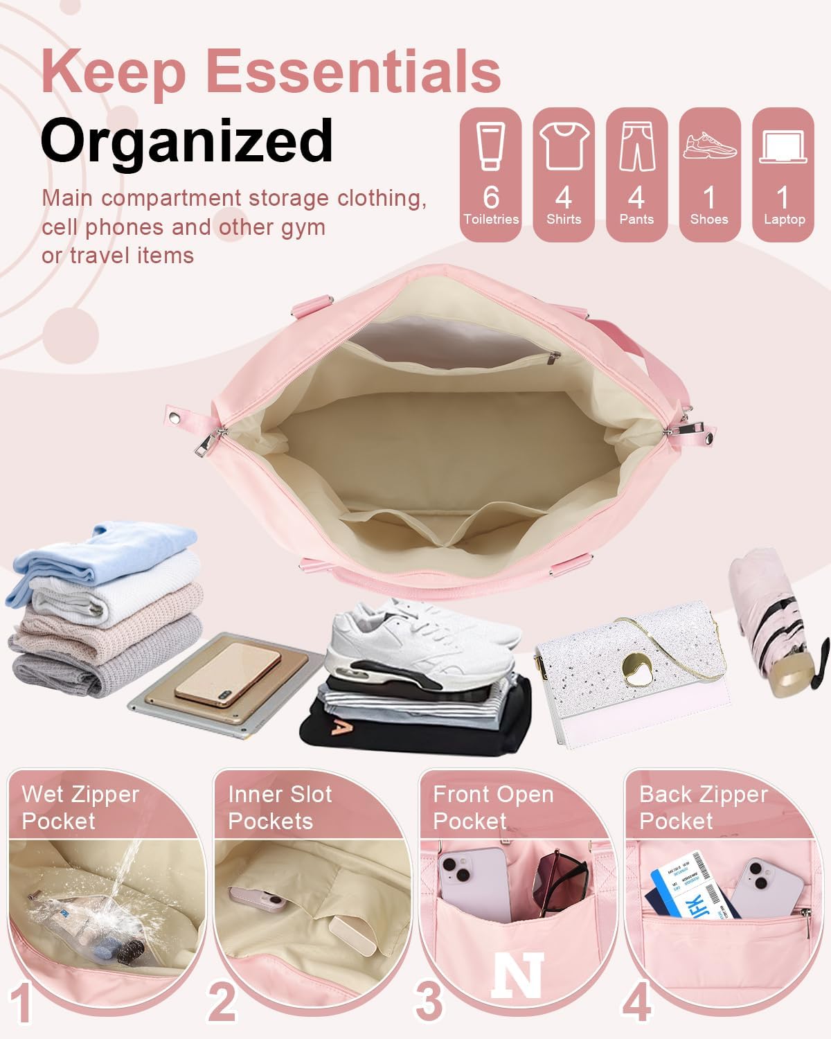 Initial Travel Duffel Bag Sports Gym Bag for Girls Teen Birthday Gifts,Pink Personalized Weekender Bag Carry On Tote Bags for Women Men,Waterproof Overnight Luggage Bag with Trolley Sleeve(Letter N)