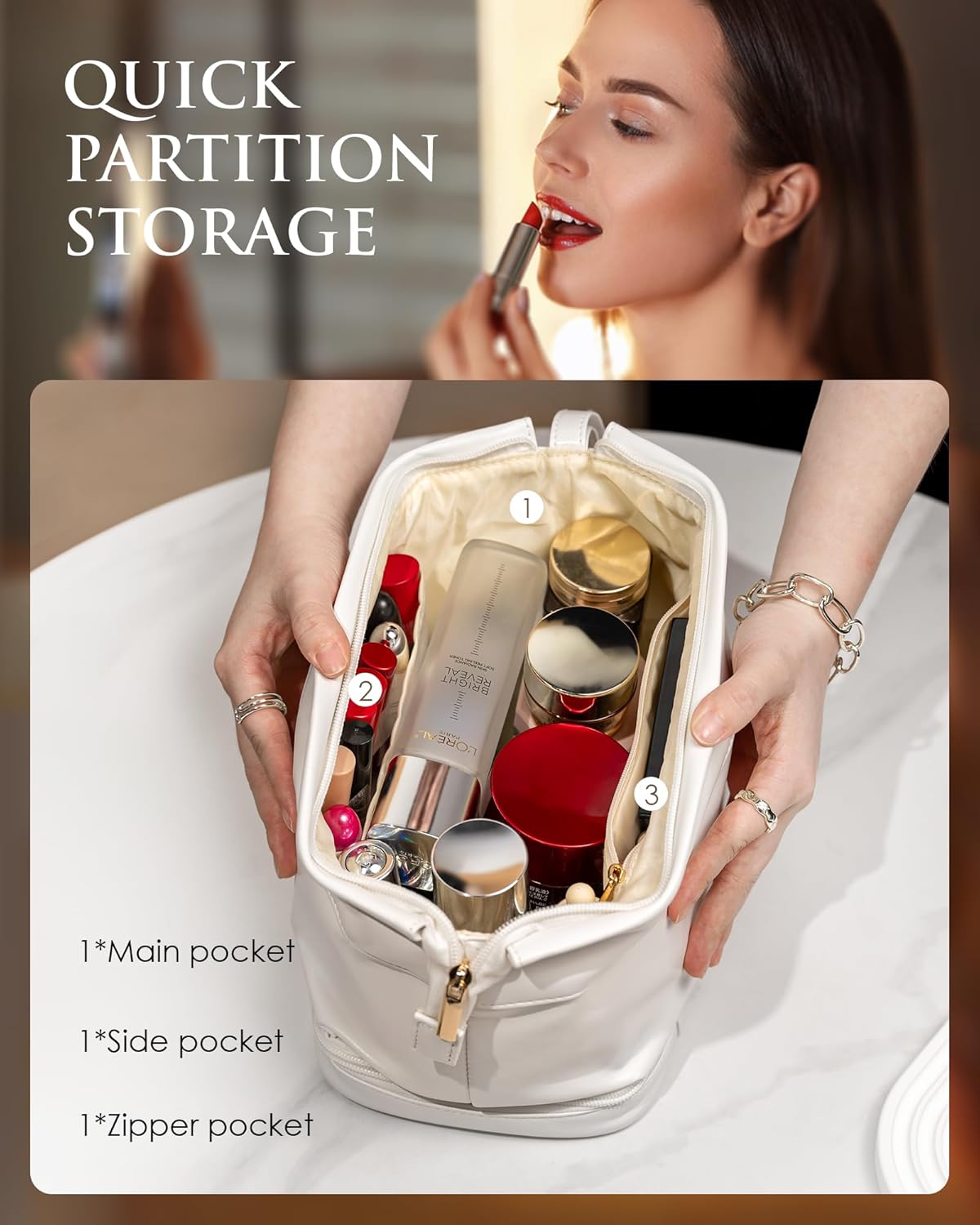 Gifts for Her: Initial Large Makeup Bags, Personalized Double Layer Cosmetic Bags with Makeup Brush Organizer, Waterproof PU Leather Travel Toiletry Bags for Wedding & Bridesmaid Gifts