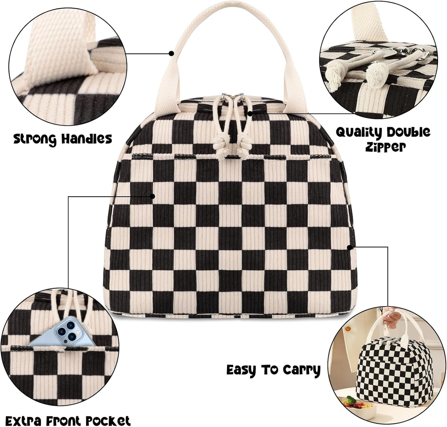 Bluboon Lunch Bag for Women Men Cute Corduroy Lunch Tote Bags Reusable Insulated Lunch Box Large Capacity Reusable Insulated Cooler for Work Picnic or Travel
