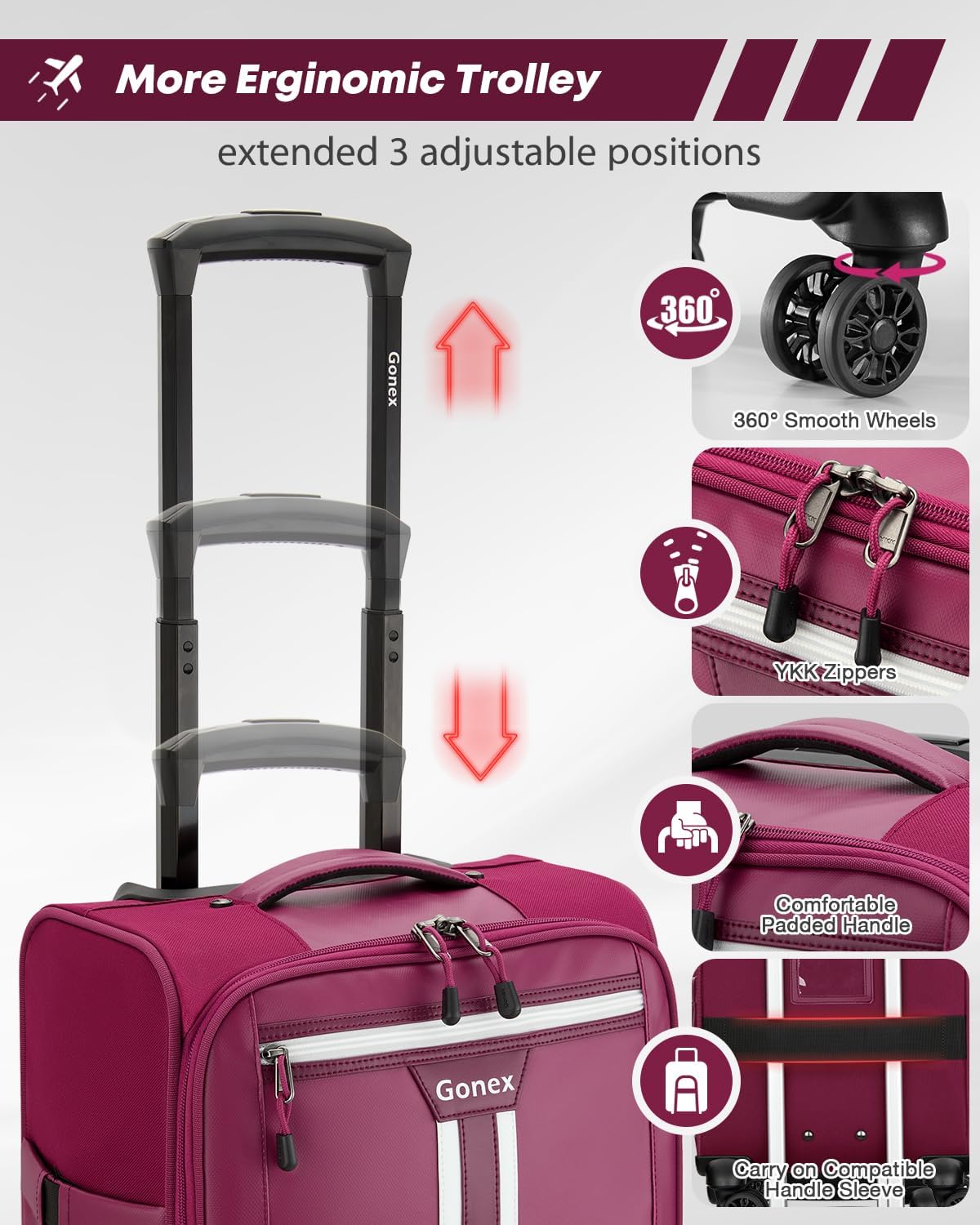 Gonex 16 inch Underseat Carry On Luggage with Spinner Wheels, Water Resistant PVC Wheeled Travel Bag Airline Approved, Softside Small Rolling Personal Item Suitcase for Men Women, Purple