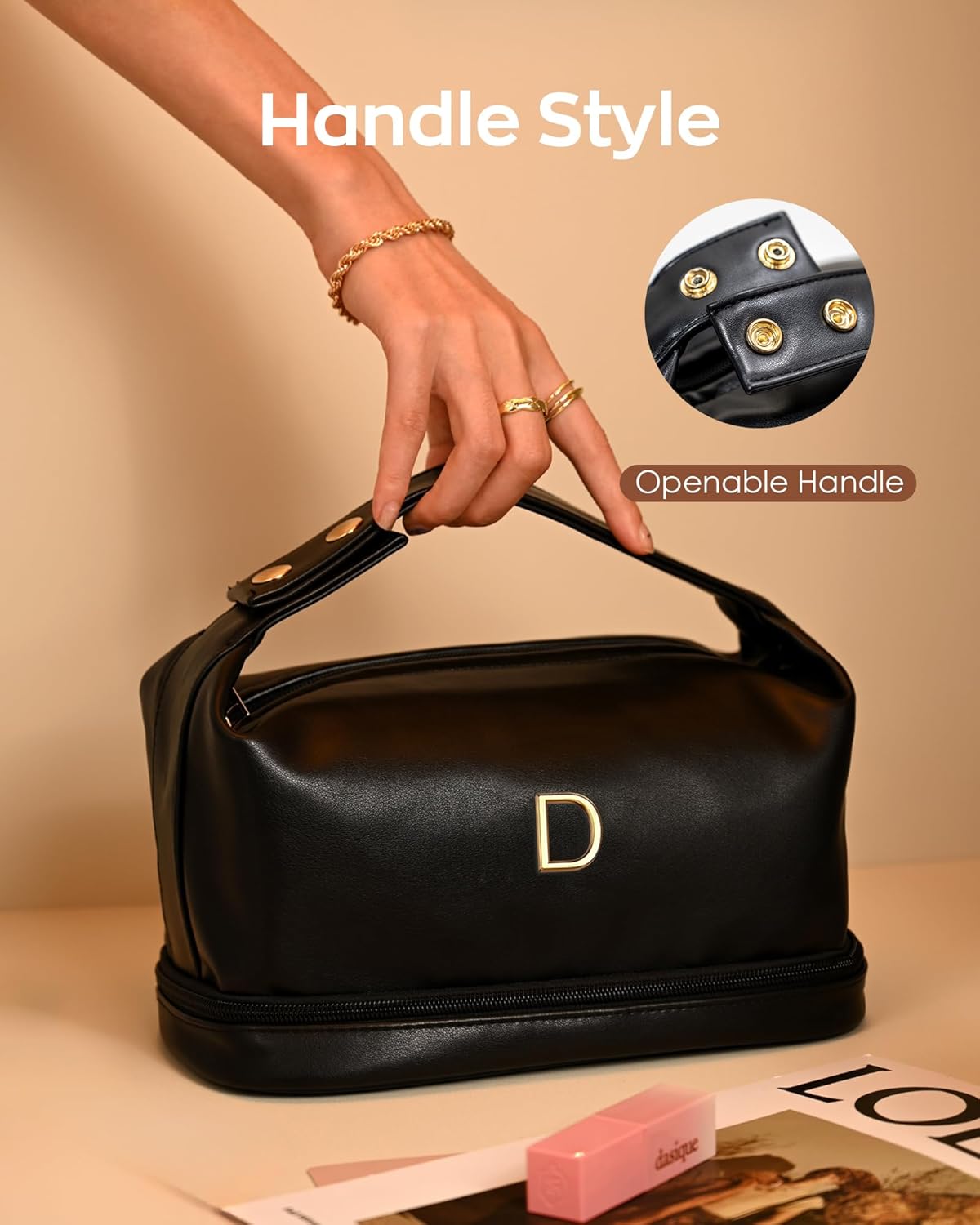 Graduation Gifts for Girls-Initial Makeup Bag with Handle, Double Layer Cosmetic Bag, Makeup Bags for Women Letter Toiletry Bag with Makeup Brush Organizer-Birthday Gifts for Women