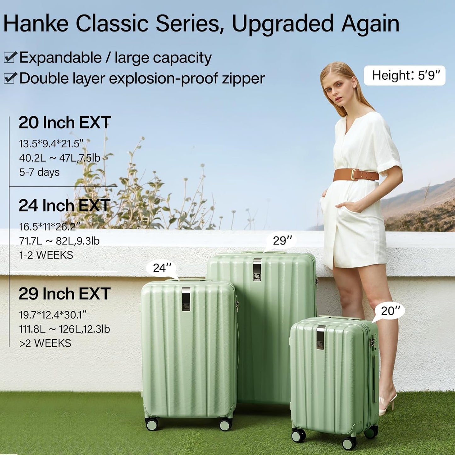 Hanke Expandable Hardshell Luggage Sets 3 piece Carry on Luggage with Wheels Suitcases Lightweight Checked Travel Luggage Rolling Large Suitcase Travel Luggage Bag Woman Men 20/24/29Inch(Bamboo Green)