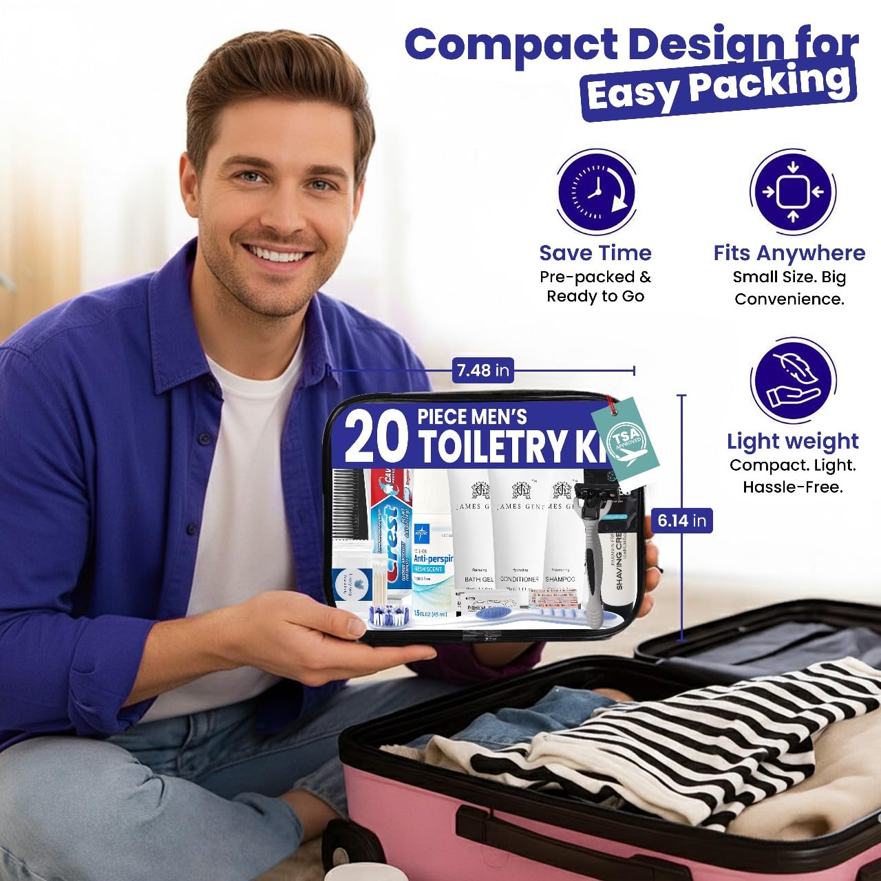 Trektote Travel Toiletry Kit for Men and Women – 20 Piece Set of Travel Size Toiletries, TSA Compliant, Includes Shampoo and Conditioner, Body Wash, Toiletry Bag & More (Pack of 3)