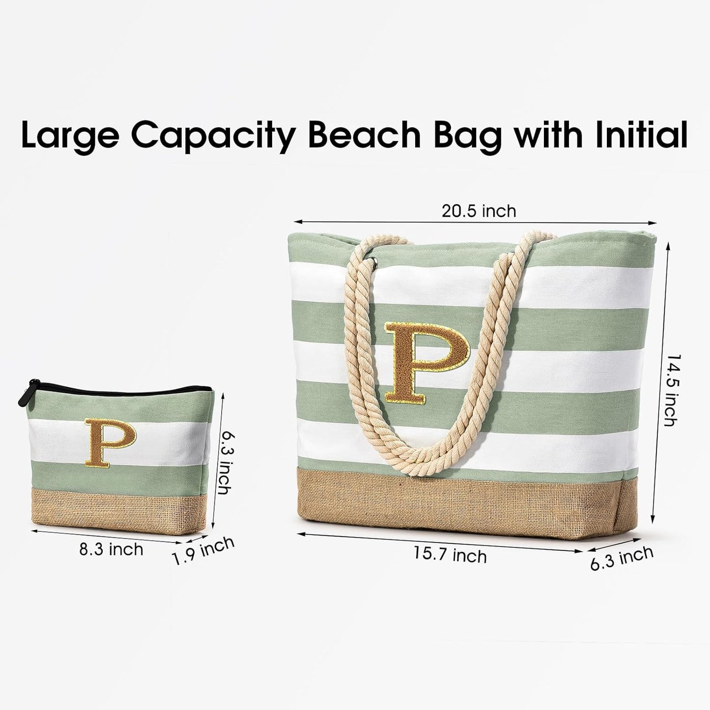 Becokan Beach Bag Initial Beach Tote with Makeup Bag for Travel Work Storage Personalized Birthday Gifts for Women Her