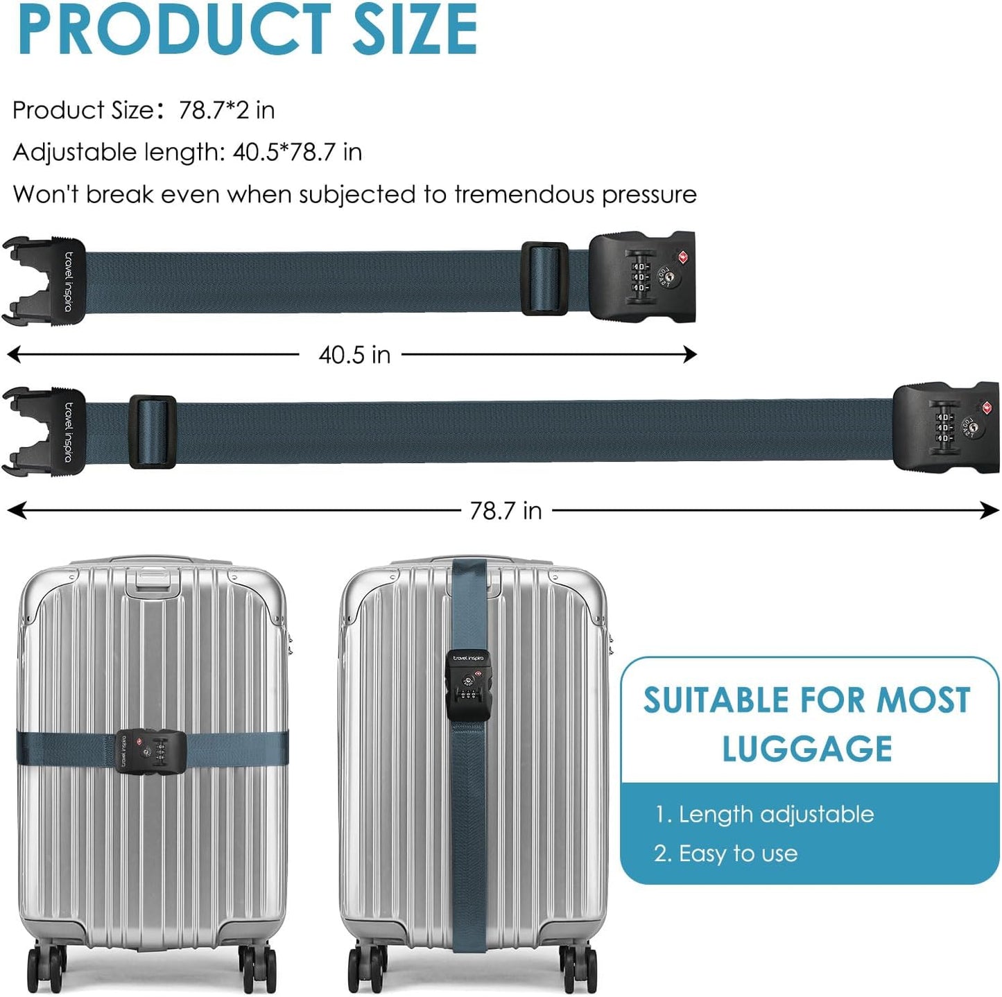 Travel Inspira Luggage Straps for Suitcases with TSA Lock, Protect Your Luggage Anti-Burst, High Visibility Color, Easy to Identify Luggage Adjustable Heavy Duty Belt for 20-32 Inch Suitcases