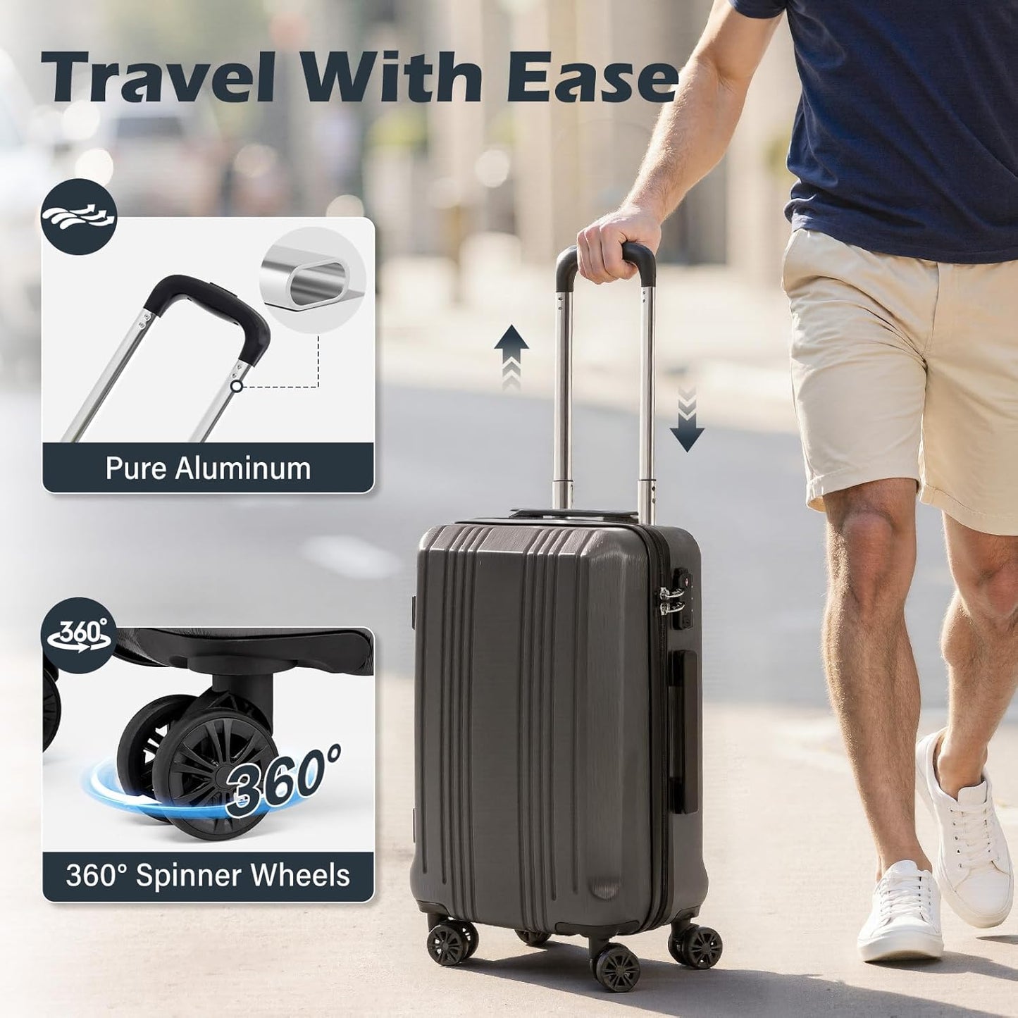 Coolife Luggage Suitcase PC+ABS with TSA Lock Spinner Carry on Hardshell Lightweight 20in 24in 28in(white, S(20in_carry on))