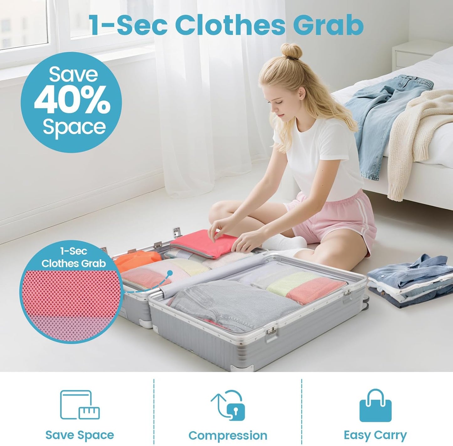 Cambond Compression Packing Cubes for Travel - 7 Set Multi-color See Through Mesh Compression Cubes for Travel Essentials, Space Saving Luggage Packing Organizers Bags for Carry on Suitcases